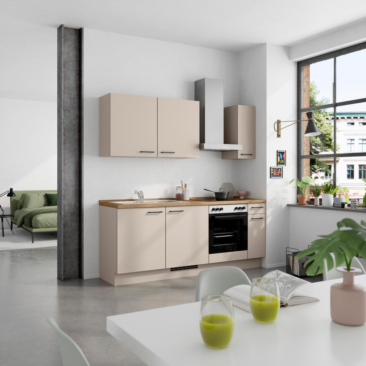KÜCHENBLOCK Easytouch 210 cm  in Eichefarben, Sandfarben  - Sandfarben/Eichefarben, MODERN, Holzwerkstoff/Metall (210cm) - Nobilia