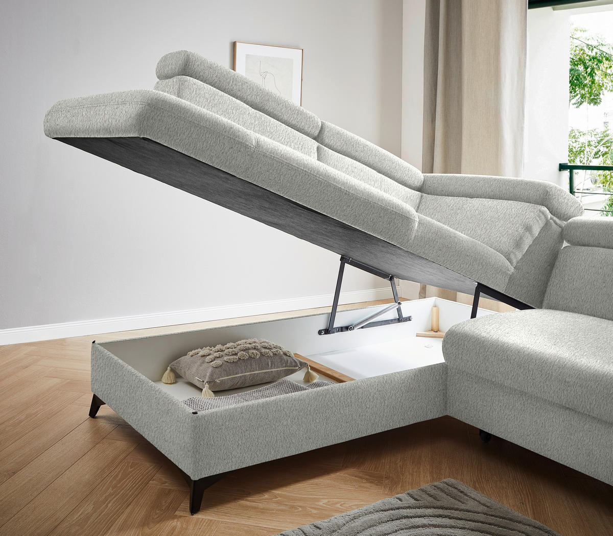 ECKSOFA in Teddystoff Silberfarben  - Silberfarben/Schwarz, Design, Textil/Metall (203/260cm) - Stylife