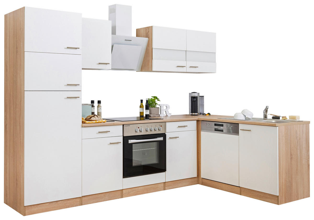 ECKKÜCHE 280/172 cm  in Weiß  - Edelstahlfarben/Eichefarben, Basics, Holzwerkstoff/Metall (280/172cm) - Respekta