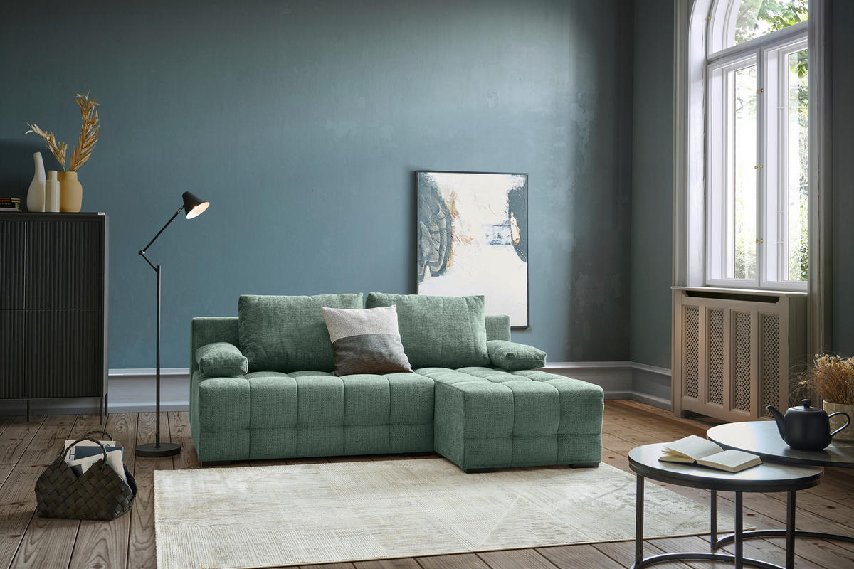 ECKSOFA Dunkelgrün Chenille  - Dunkelgrün/Schwarz, MODERN, Kunststoff/Textil (204/145cm) - home24