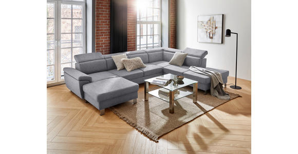 WOHNLANDSCHAFT inkl.Funktionen Hellgrau Webstoff  - Silberfarben/Hellgrau, Design, Textil/Metall (168/320/226cm) - Xora