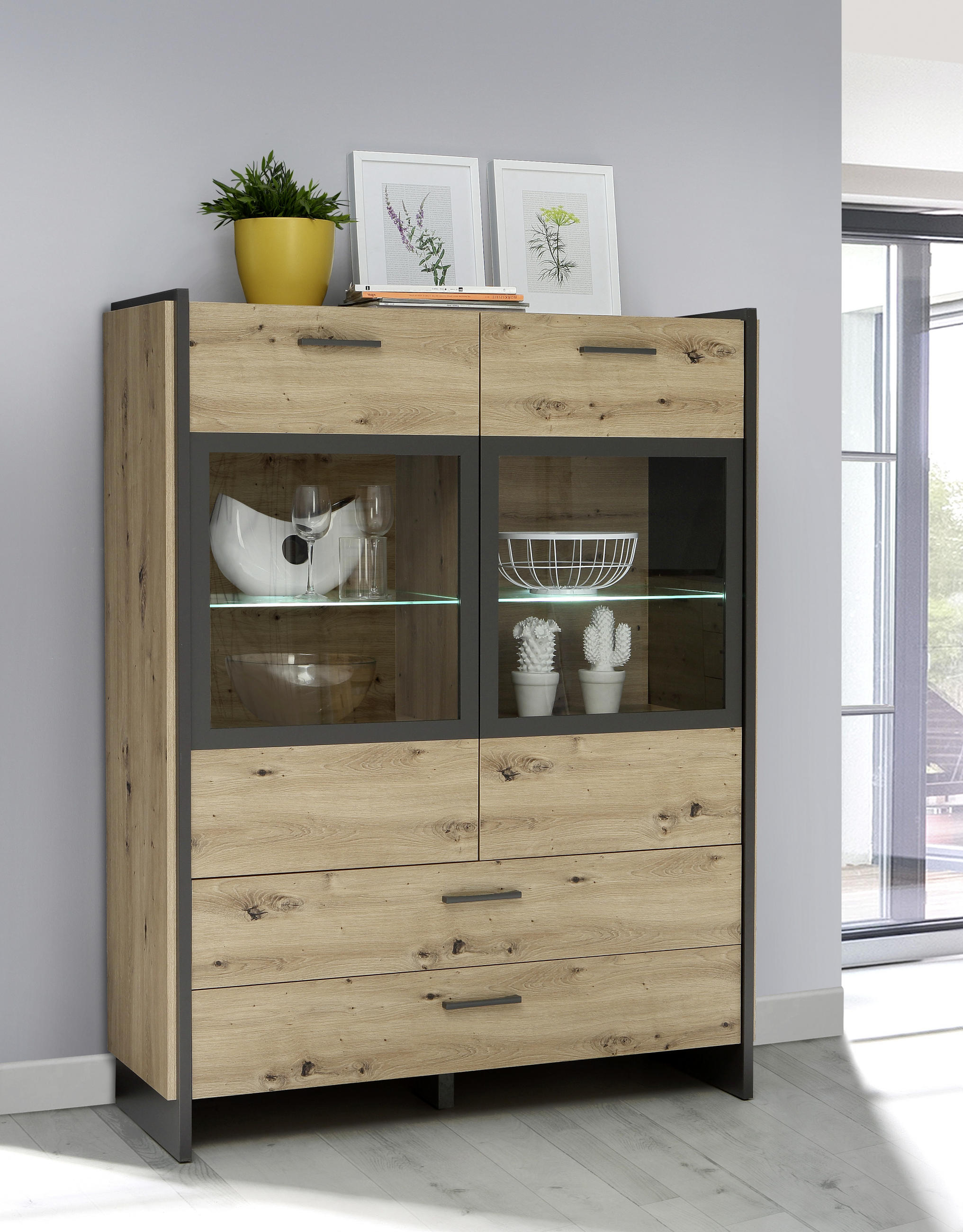HIGHBOARD  in 117,1/150,1/41,3 cm  - Eichefarben/Grau, MODERN, Glas/Holzwerkstoff (117,1/150,1/41,3cm) - Hom`in