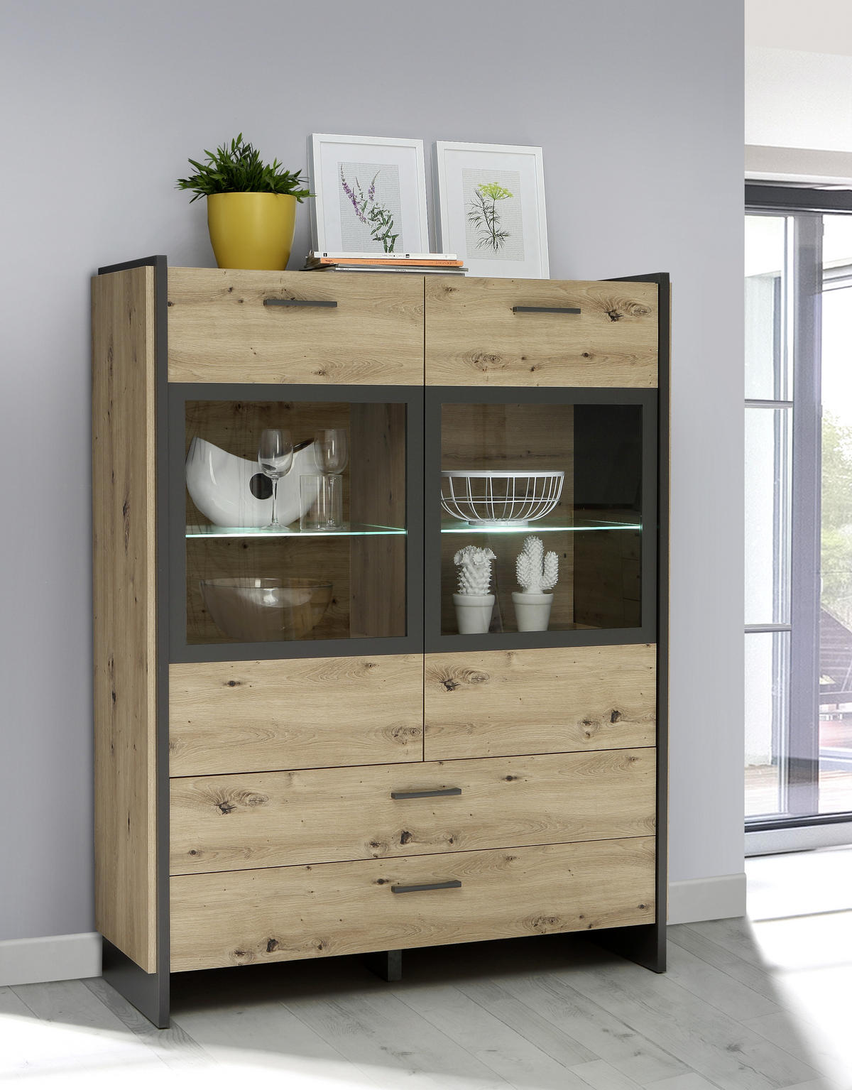 HIGHBOARD  in 117,1/150,1/41,3 cm  - Eichefarben/Grau, Modern, Glas/Holzwerkstoff (117,1/150,1/41,3cm) - Hom`in