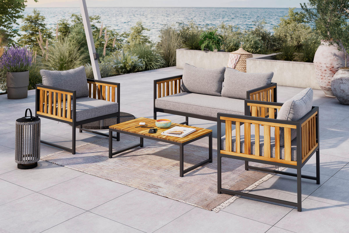 LOUNGEGARNITUR   Akazie massiv Eisen  - Schwarz/Akaziefarben, MODERN, Holz/Textil - Beldano