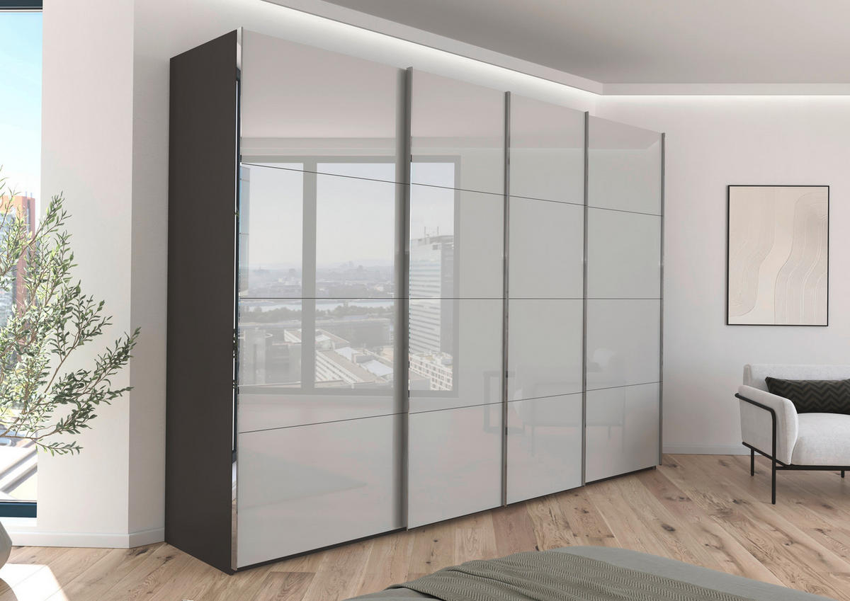 SCHWEBETÜRENSCHRANK 316/235/68 cm 4-türig Graphitfarben, Hellgrau  - Chromfarben/Hellgrau, Design, Glas/Holzwerkstoff (316/235/68cm) - Novel