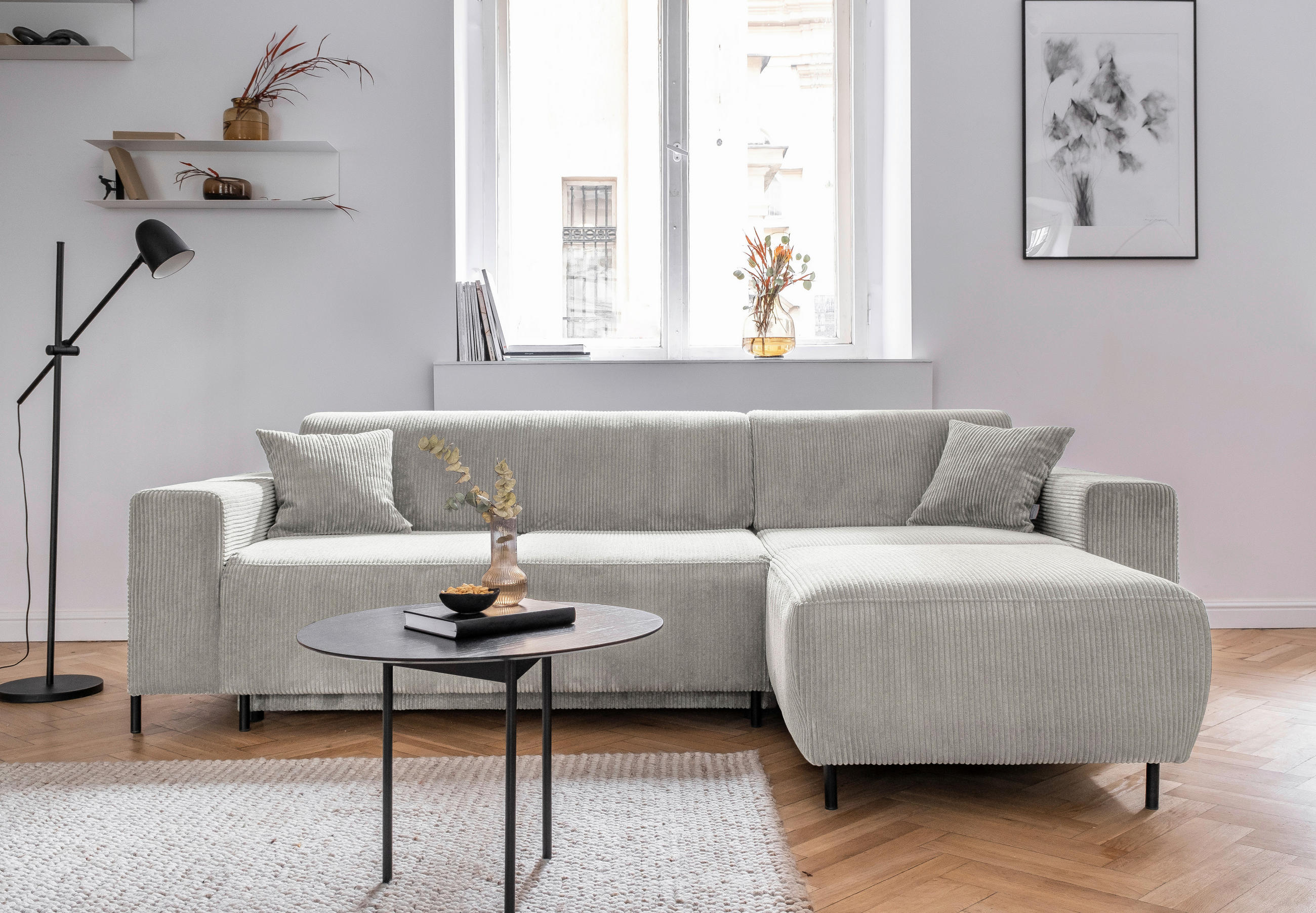 ECKSOFA in Cord Beige  - Beige/Schwarz, Textil/Metall (260/165cm) - MID.YOU