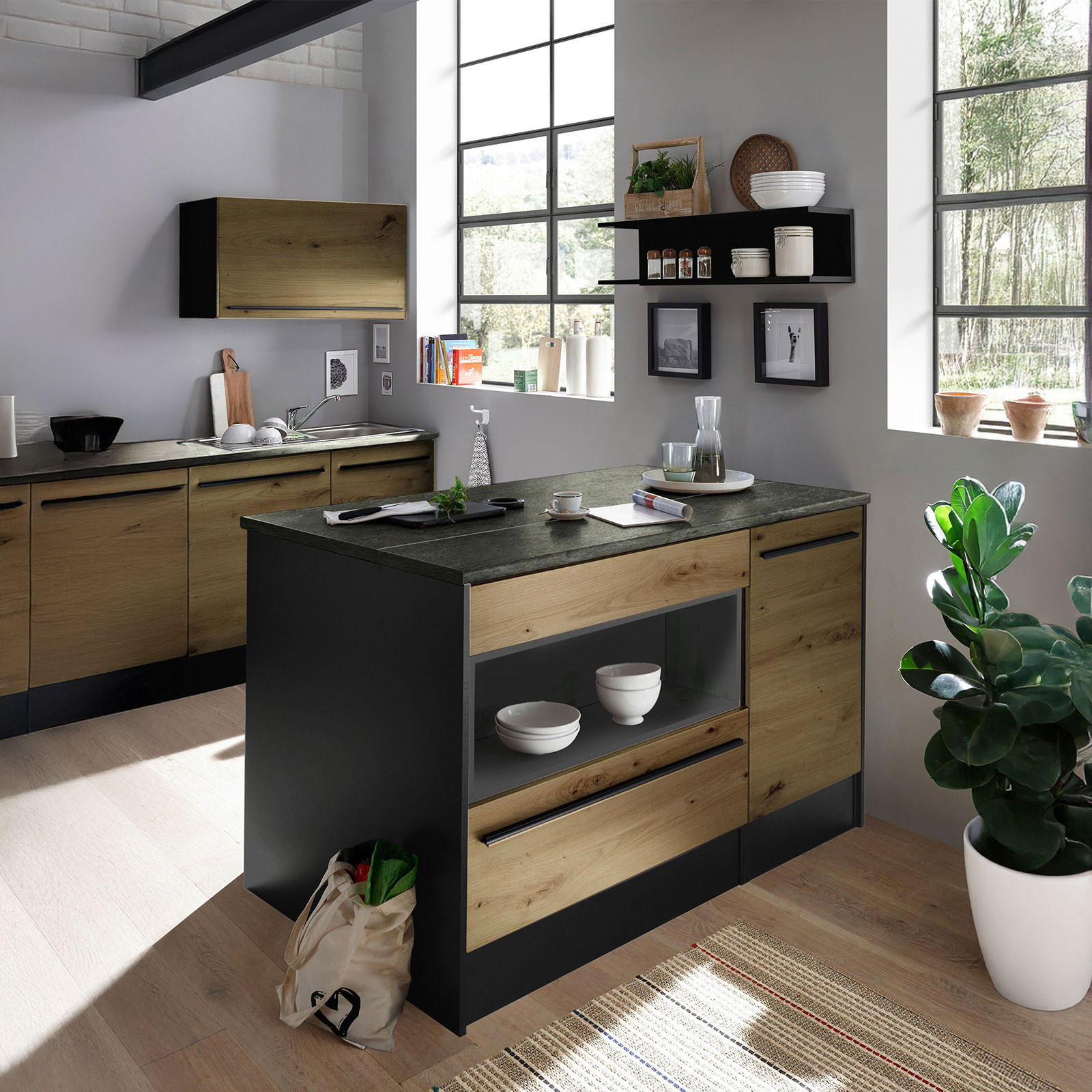 Kücheninsel Jazz Anthrazit / Eiche Artisan 145x90x90 cm