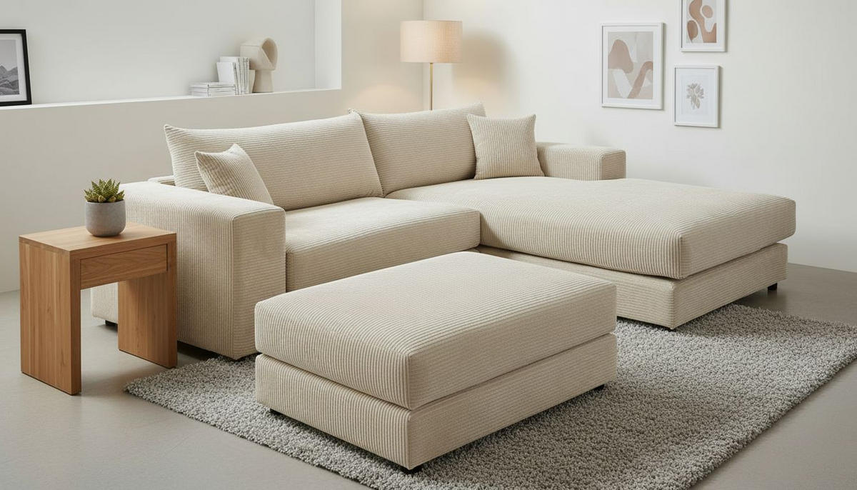 ECKSOFA  Cord, Velours Creme  - Creme/Schwarz, Basics, Kunststoff/Textil (265/180cm) - Livetastic