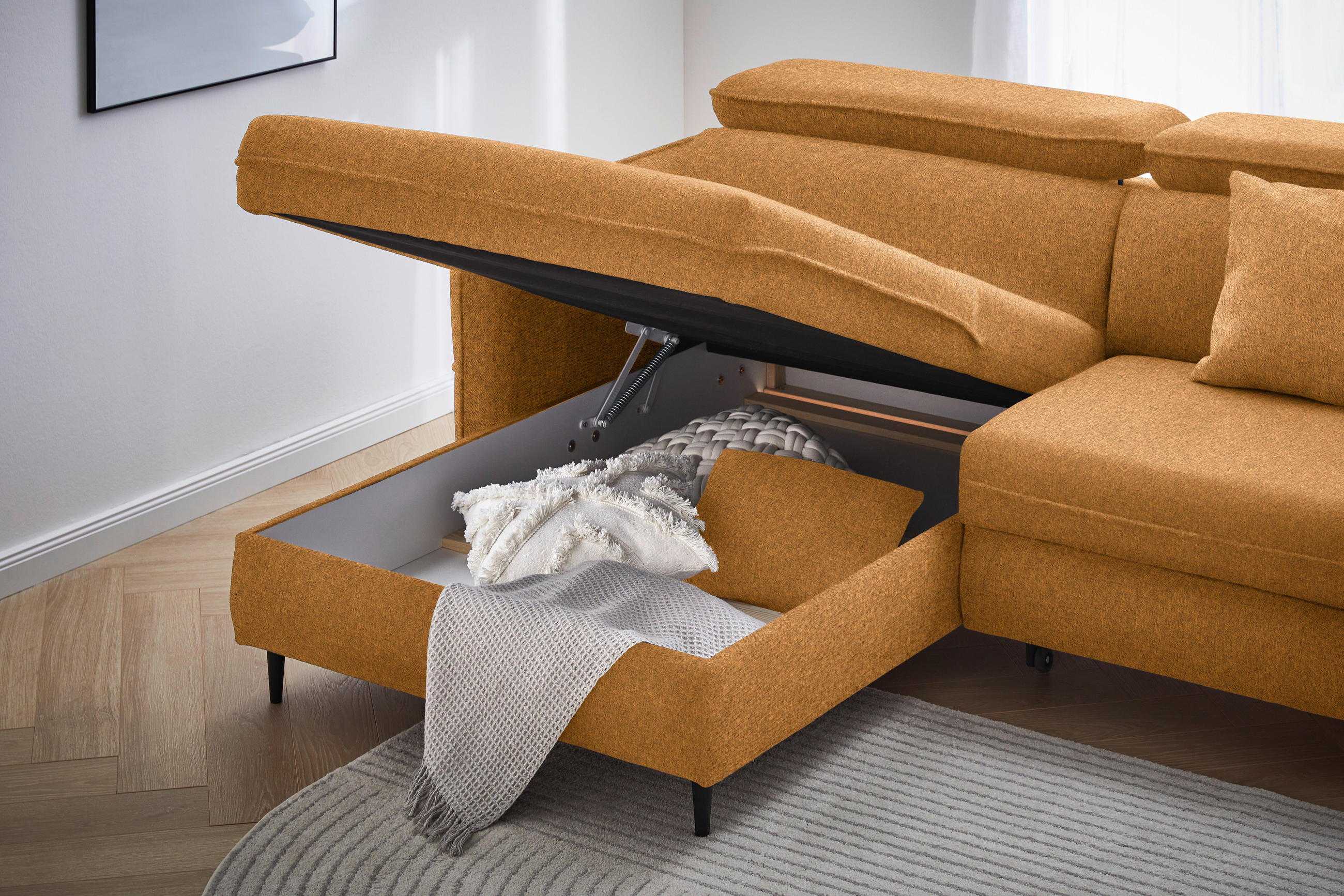 Thumbnail - Stylife Ecksofa, Gelb, Orange, Currygelb, Textil, Buche, Hartholz, 3-Sitzer, L-Form, links montierbar, rechts montierbar...