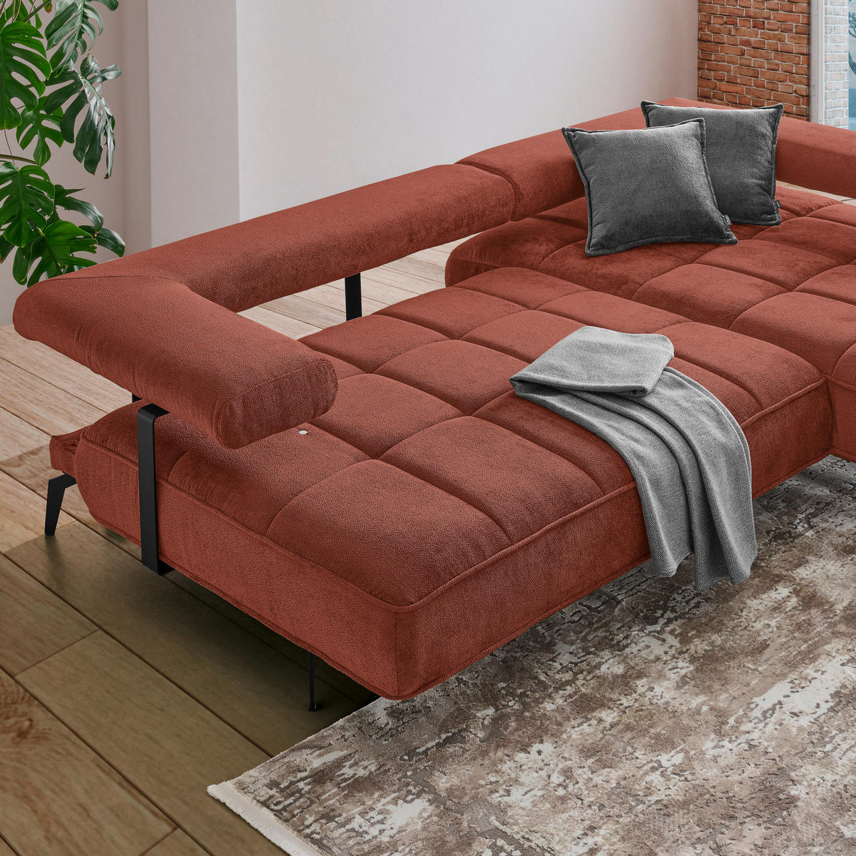 ECKSOFA Terracotta Webstoff  - Terracotta/Schwarz, Design, Textil/Metall (266/180cm) - Welnova