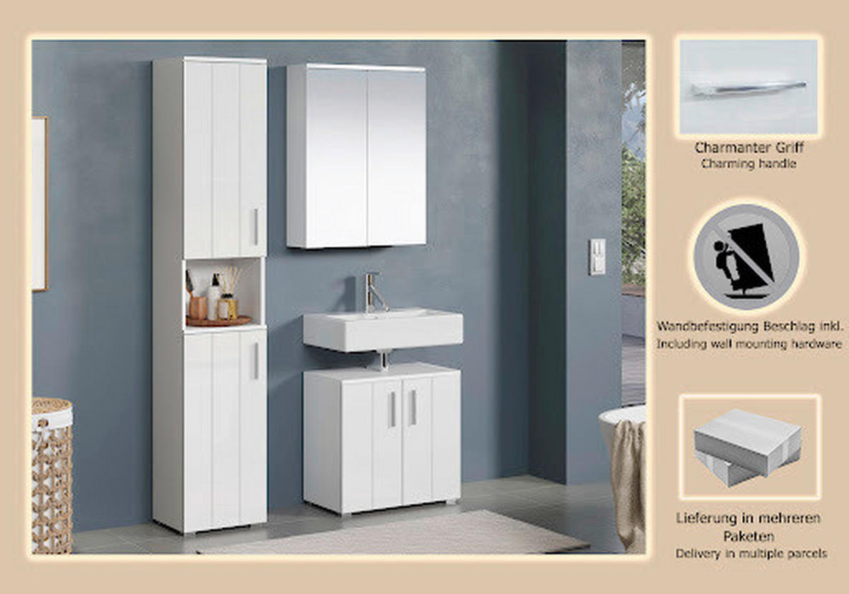 BADEZIMMER 3-teilig  in  - Weiß Hochglanz/Silberfarben, Trend, Holzwerkstoff/Kunststoff (112/192/32cm) - MID.YOU