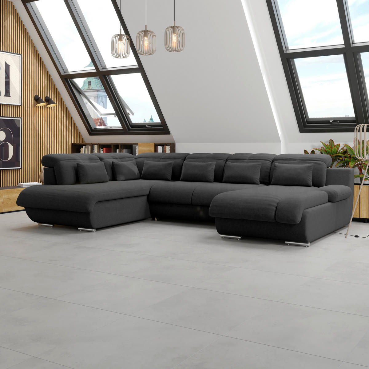 WOHNLANDSCHAFT MULTI Schwarz Chenille  - Chromfarben/Schwarz, MODERN, Textil/Metall (228/345/184cm) - Livetastic