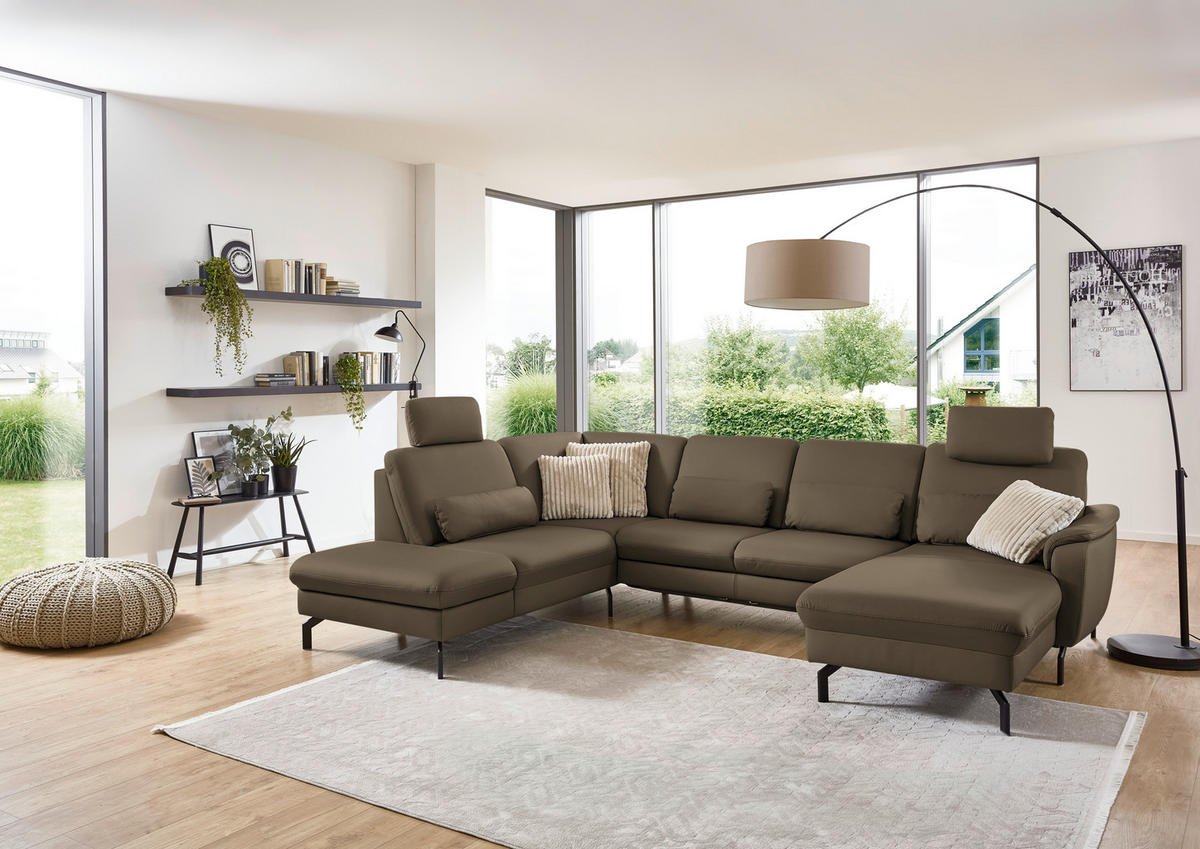 WOHNLANDSCHAFT Echtleder Graubraun  - Graubraun/Schwarz, Konventionell, Leder/Metall (224/306/168cm) - Beldomo Premium