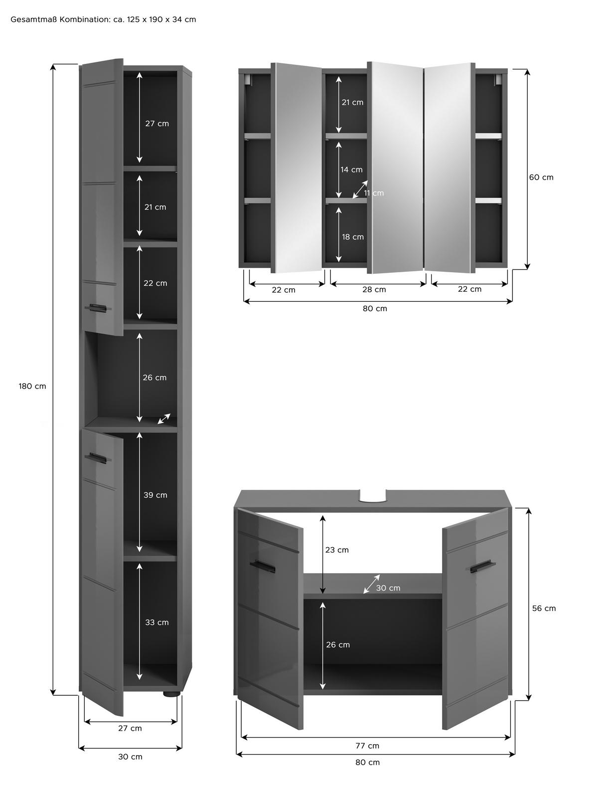 KÚPEĽŇA sivá  - čierna/sivá, Modern, kompozitné drevo/plast (110cm) - MID.YOU
