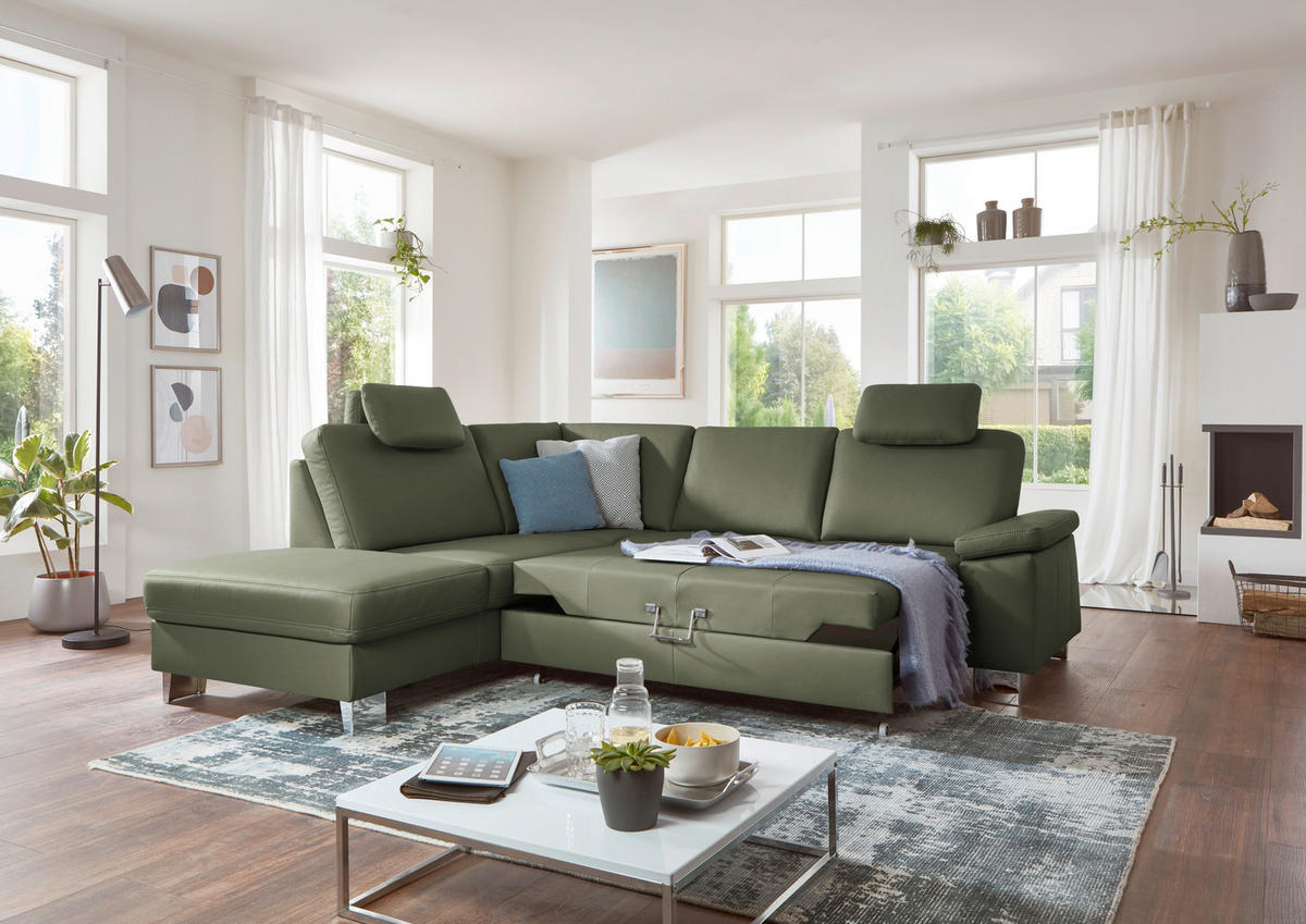 ECKSOFA  in Echtleder Olivgrün  235/248 cm  - Alufarben/Olivgrün, Design, Leder/Metall (235/248cm) - Beldomo Premium