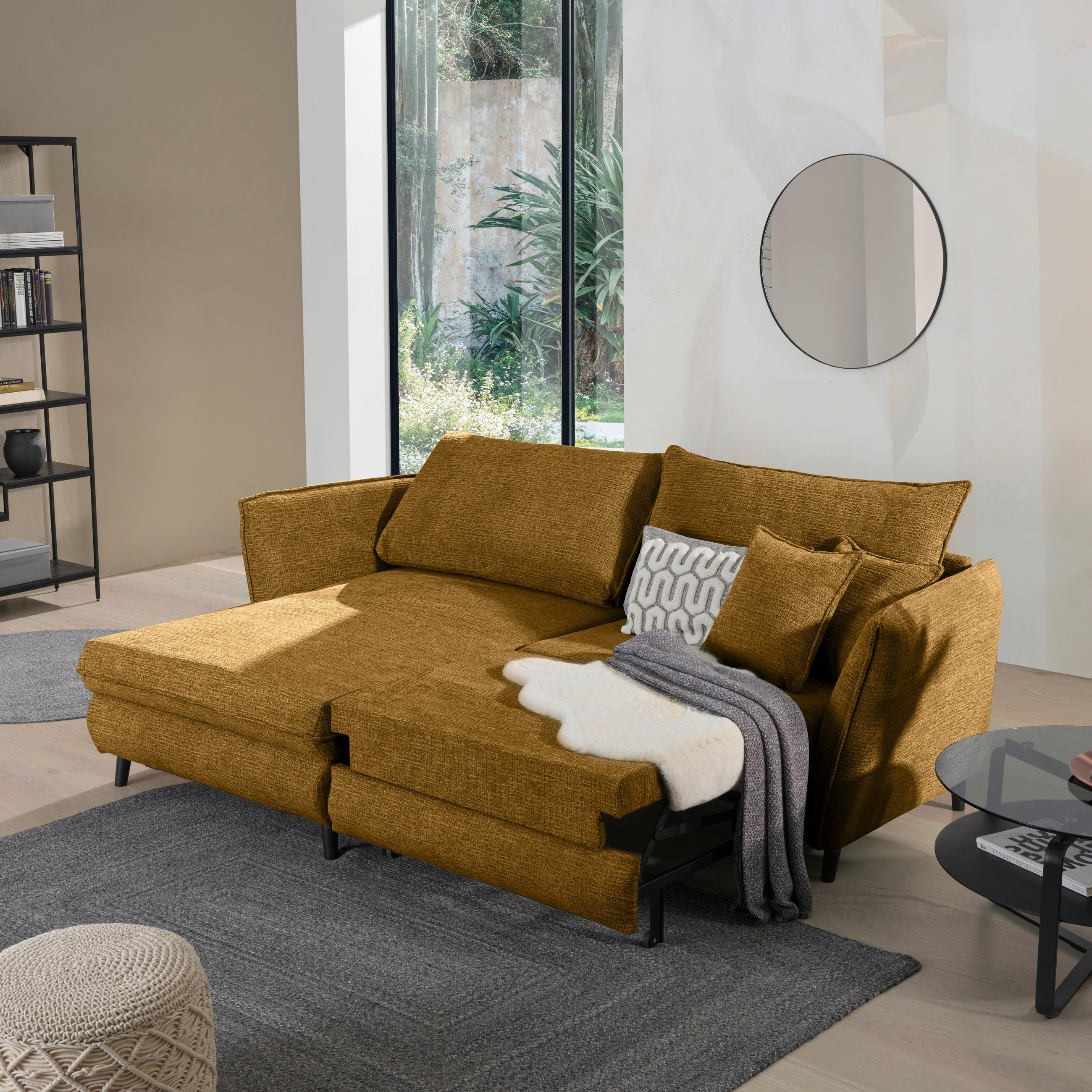 ECKSOFA inkl. Funktionen Senfgelb Struktur  - Senfgelb/Schwarz, Design, Holz/Textil (245/161cm) - Stylife