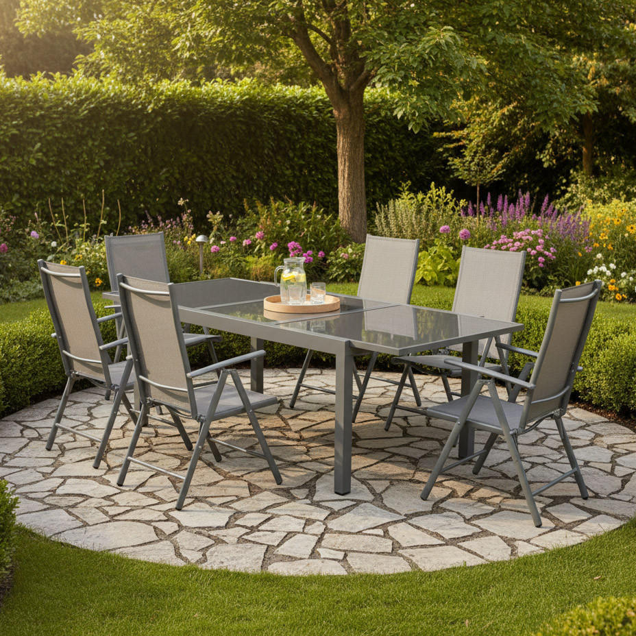GARTENSET 7-teilig Aluminium 7-teilig  - Silberfarben/Braun, MODERN, Textil/Metall - Gardenson