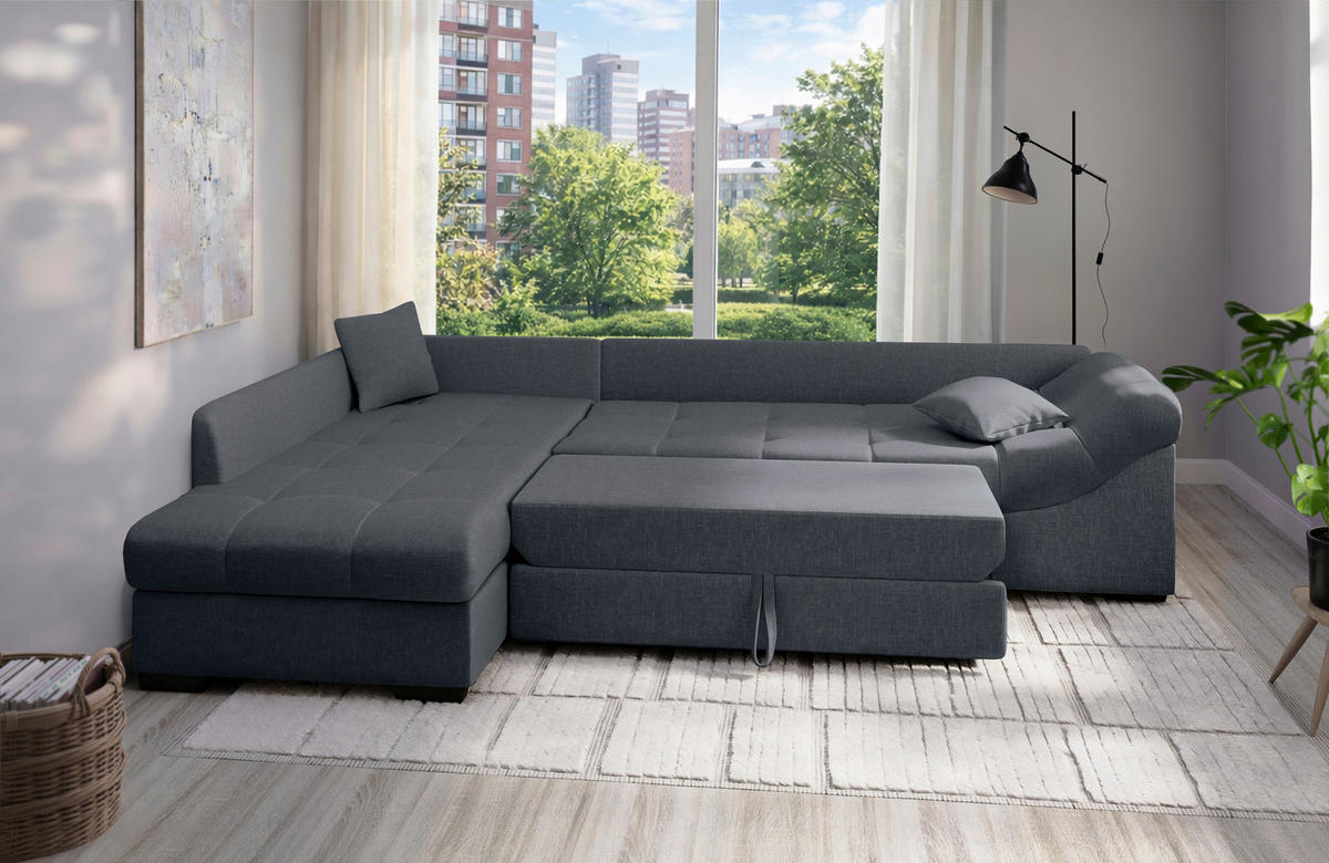 ECKSCHLAFSOFA Alvito Anthrazit Mikrofaser  - Anthrazit/Schwarz, MODERN, Holz/Textil (202/298cm) - MID.YOU