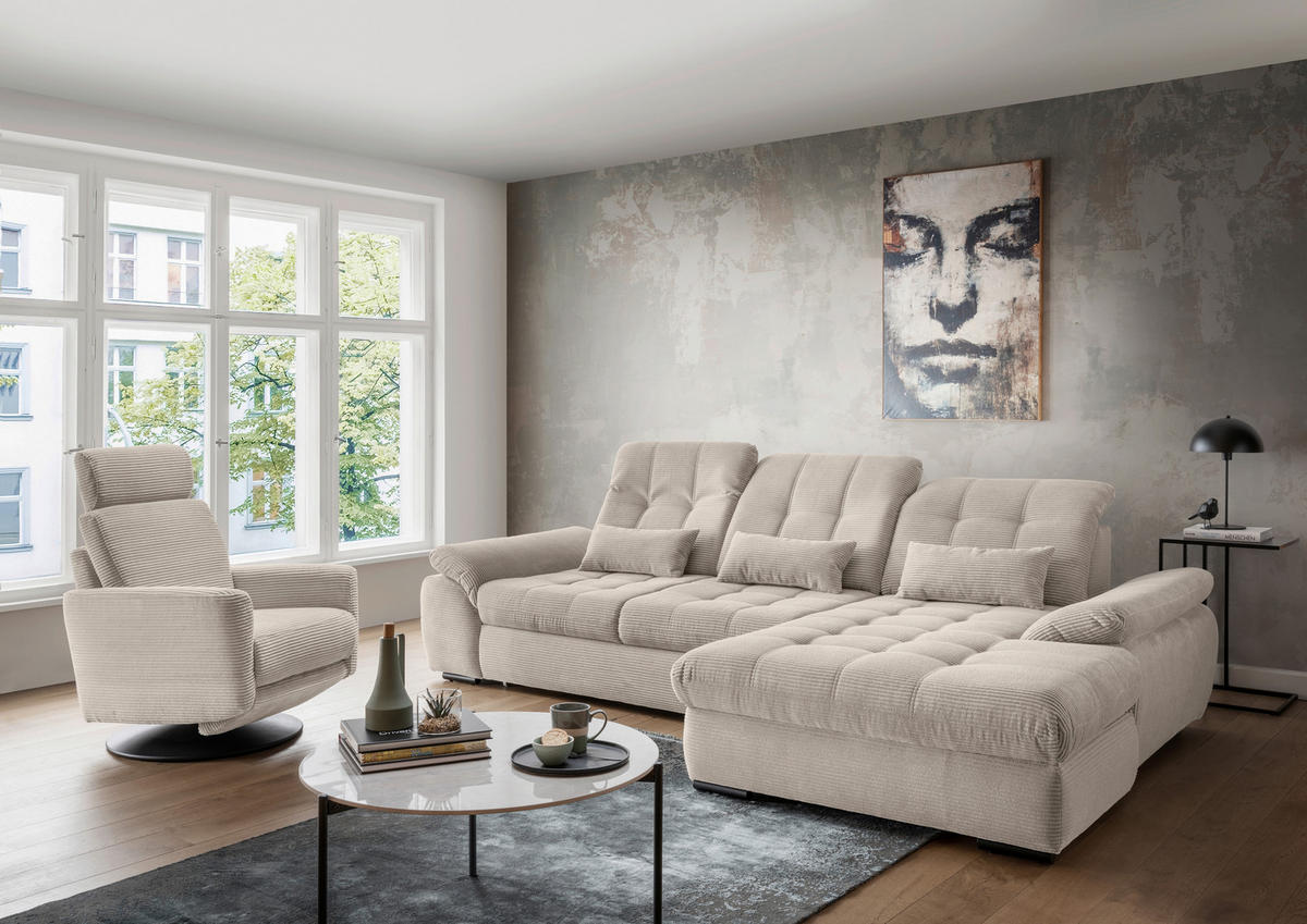 ECKSOFA Beige Cord  - Beige/Schwarz, MODERN, Textil/Metall (314/184cm) - Livetastic