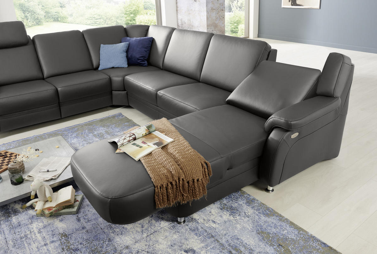 WOHNLANDSCHAFT in Echtleder Anthrazit  - Anthrazit/Alufarben, Konventionell, Leder/Metall (239/329/165cm) - Beldomo Premium