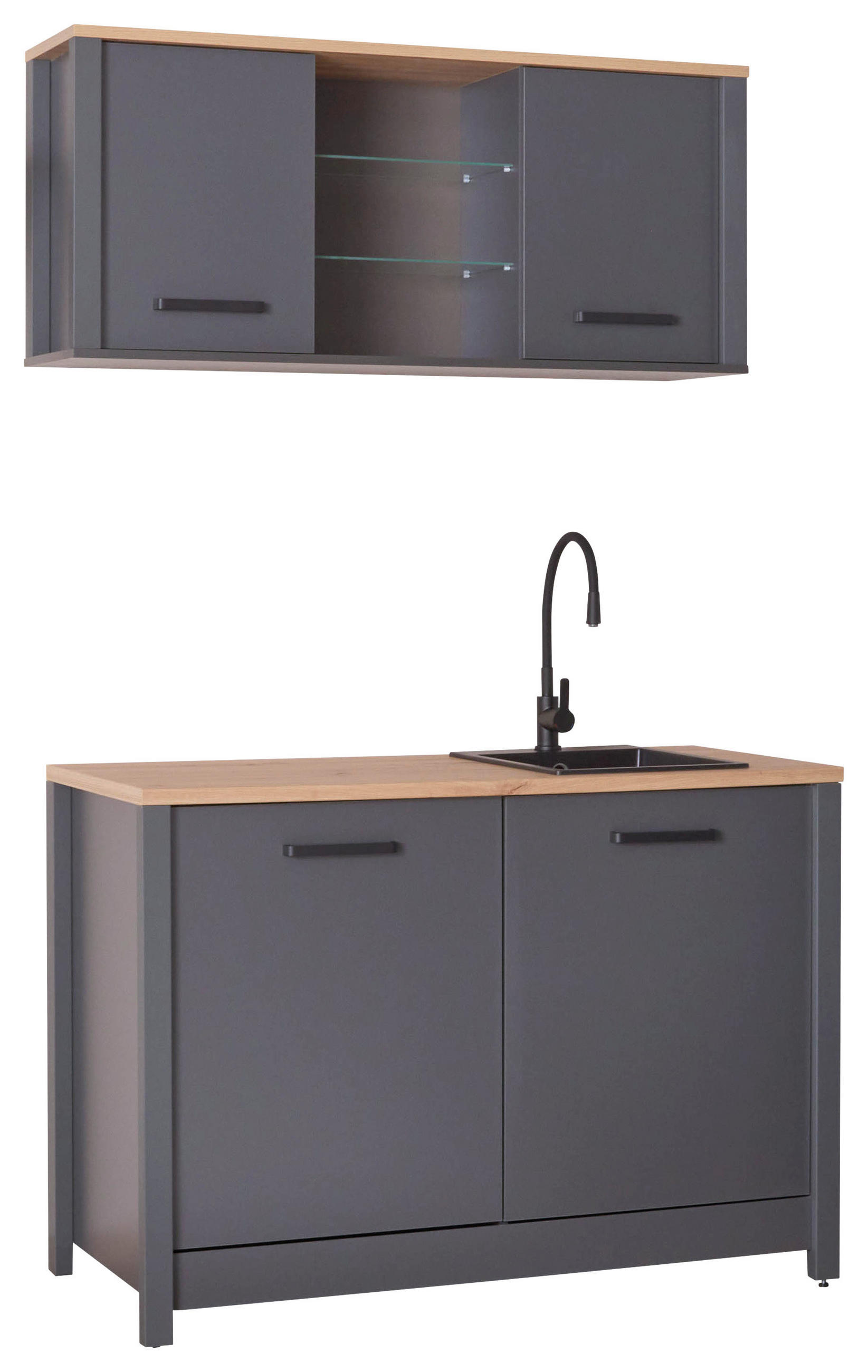 MINIKÜCHE   in Anthrazit, Eiche Artisan  - Anthrazit/Schwarz, MODERN, Glas/Holzwerkstoff (130/92/60cm) - home24