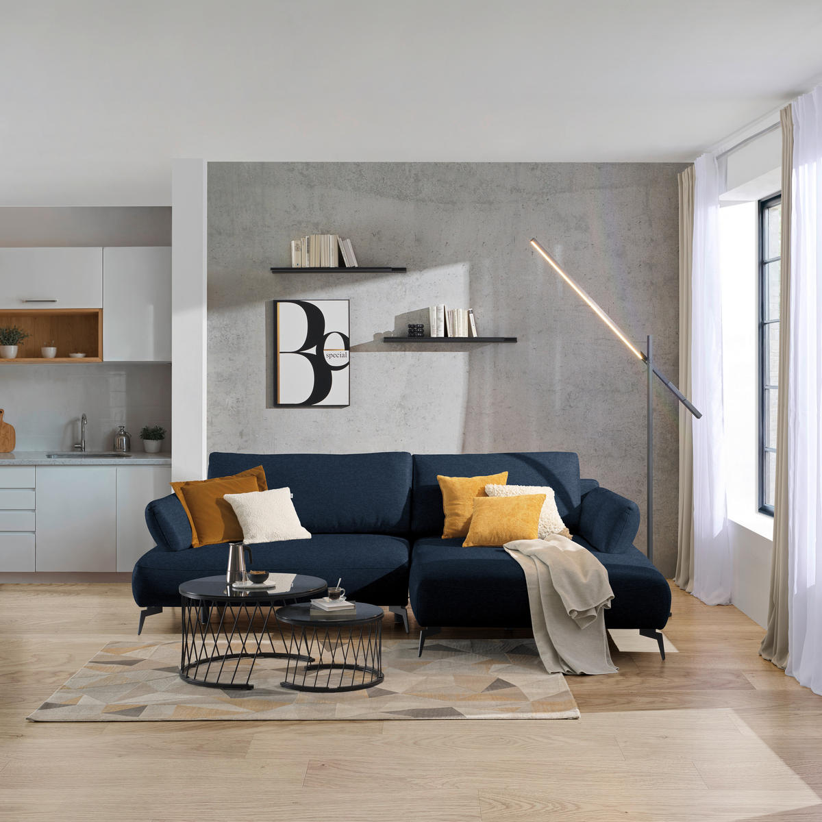ECKSOFA COLORADO in Struktur Dunkelblau  - Schwarz/Dunkelblau, Design, Textil/Metall (284/186cm) - Lomoco