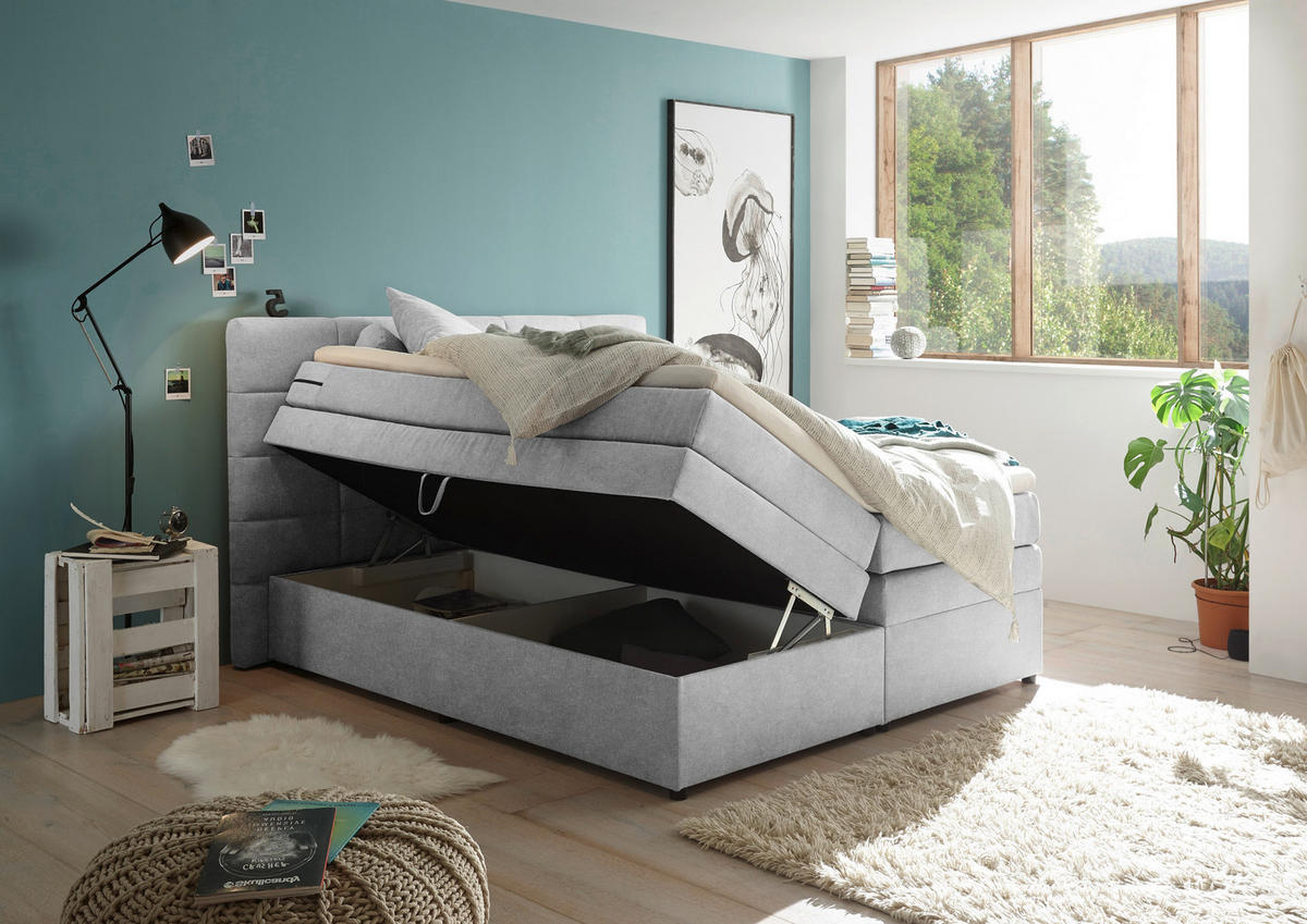 BOXSPRINGBETT 180/200 cm,  in Silberfarben, Matratze, Bettkasten, Topper, H2 = mittel  - Silberfarben, KONVENTIONELL, Kunststoff/Textil (180/200cm) - MID.YOU