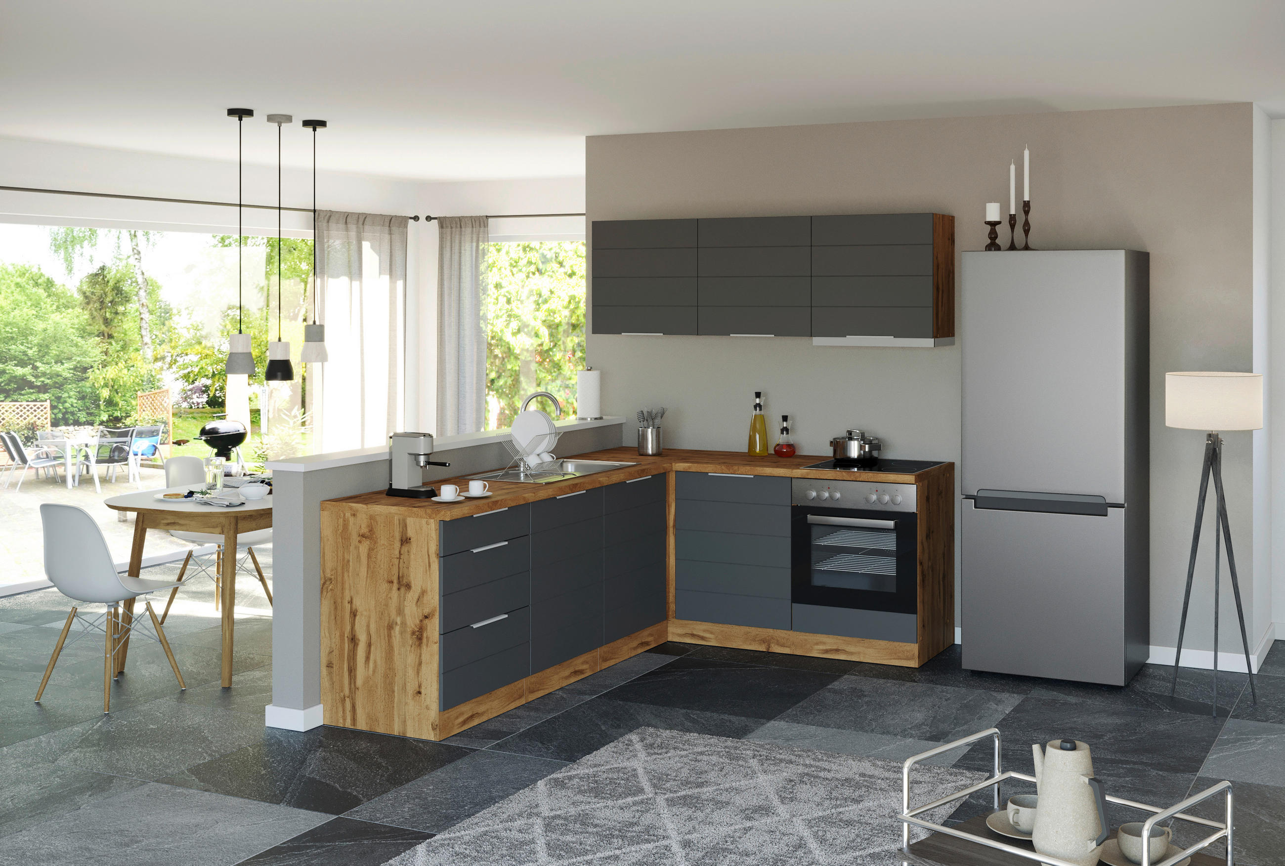 ECKKÜCHE 240/180 cm  in Grau, Eiche Wotan  - Eiche Wotan/Grau, Design, Holzwerkstoff/Metall (240/180cm) - Held