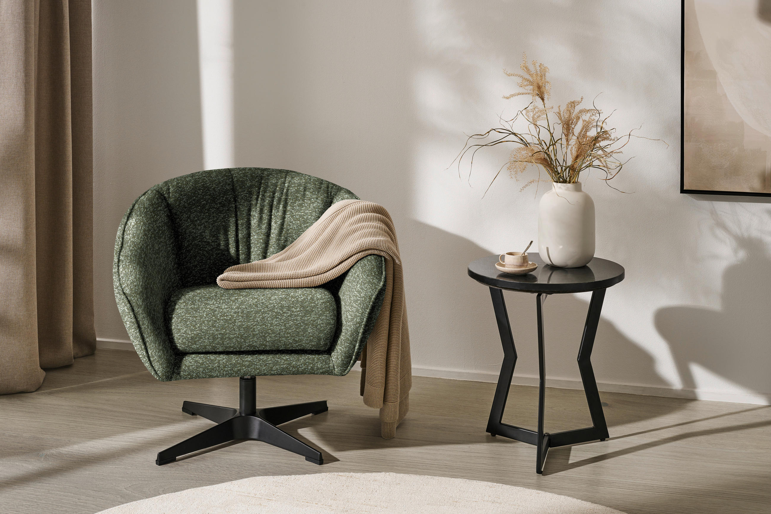 SESSEL in Bouclé Grün  - Schwarz/Grün, Design, Textil/Metall (80/78/80cm) - Stylife