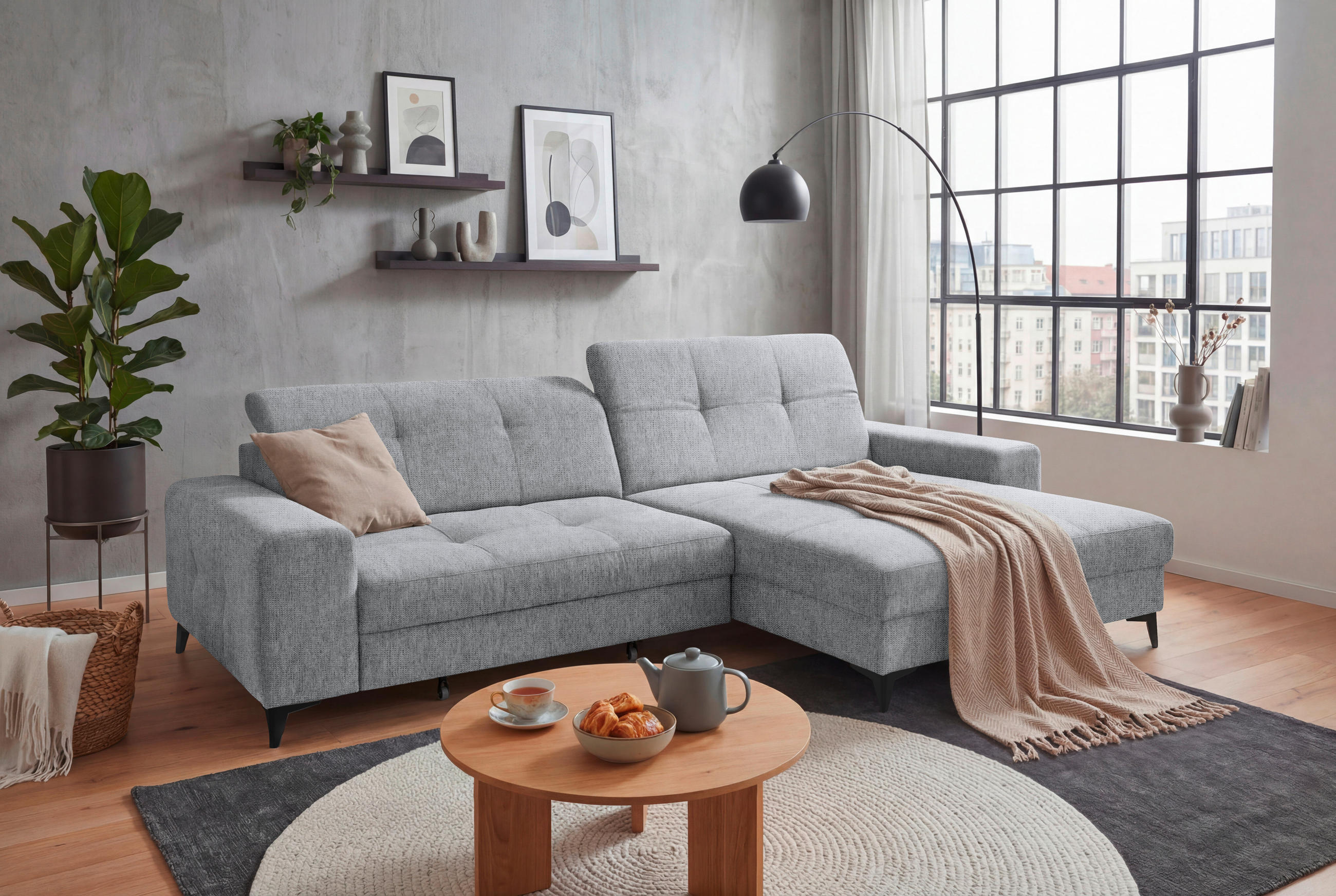 ECKSOFA SORELLA Hellgrau Mikrovelours Kopfteilverstellung, Sitztiefenverstellung  - Hellgrau/Schwarz, Design, Kunststoff/Textil (328/182cm) - MID.YOU