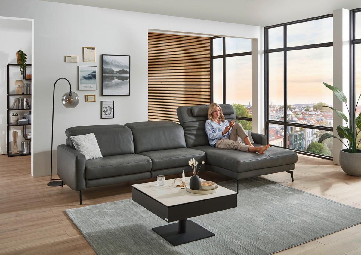 ECKSOFA  in Echtleder Anthrazit  323/179 cm  - Anthrazit/Schwarz, Design, Leder/Metall (323/179cm) - Dieter Knoll