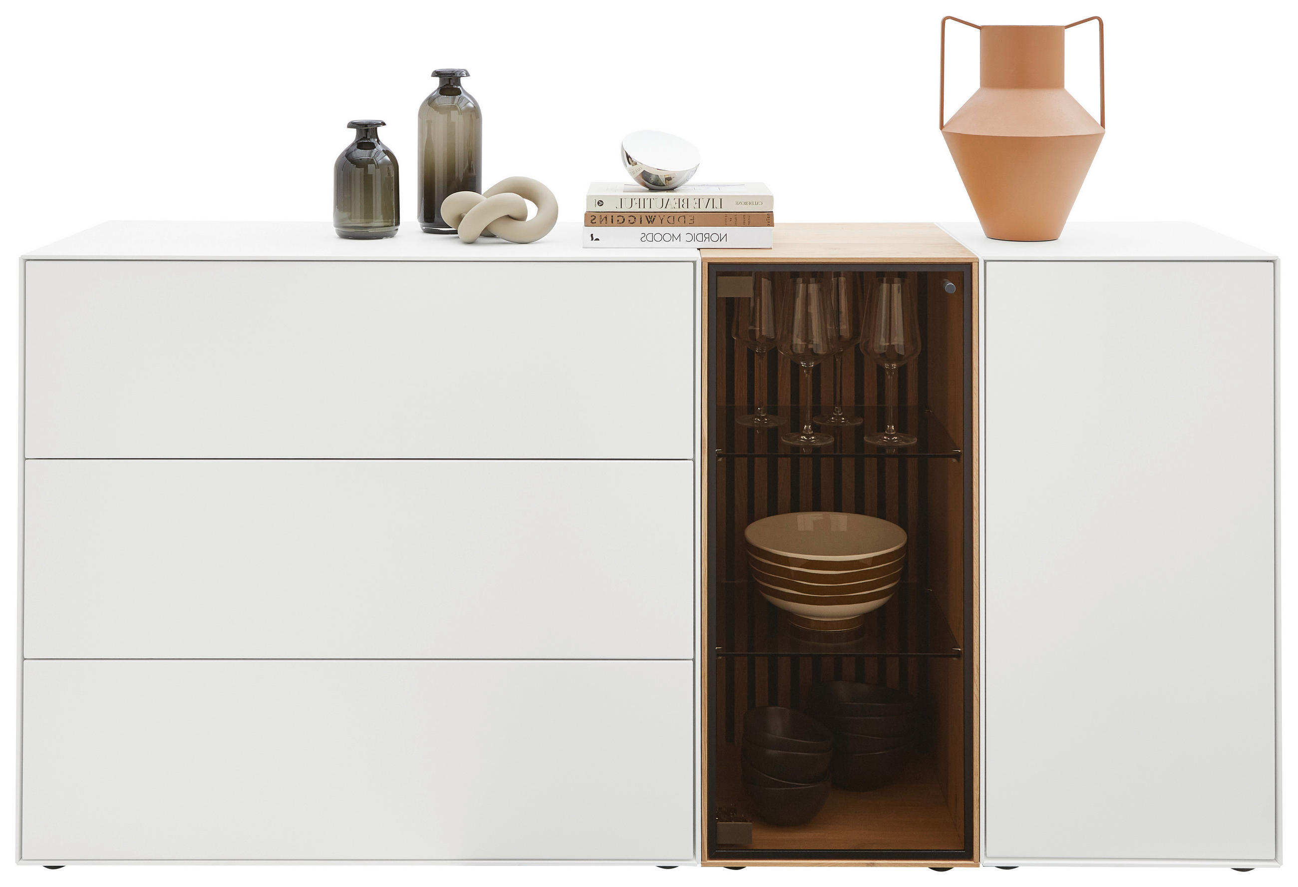 SIDEBOARD Weiss, Eichefarben  178/90/44 cm  - Weiss/Eichefarben, Design, Glas/Holz (178/90/44cm) - Johann Jakob