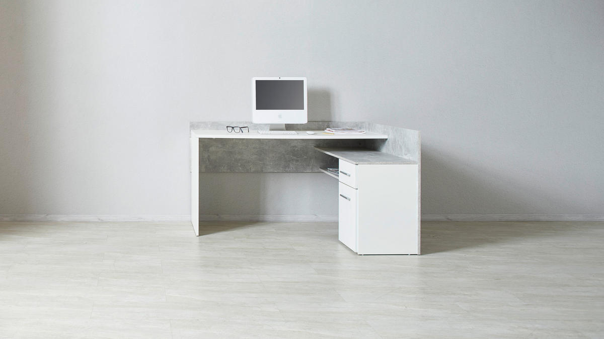 KOTNA PISALNA MIZA leseni material bela, temno siva  - temno siva/bela, Moderno, umetna masa/leseni material (141,6/80,5/124cm) - Carryhome