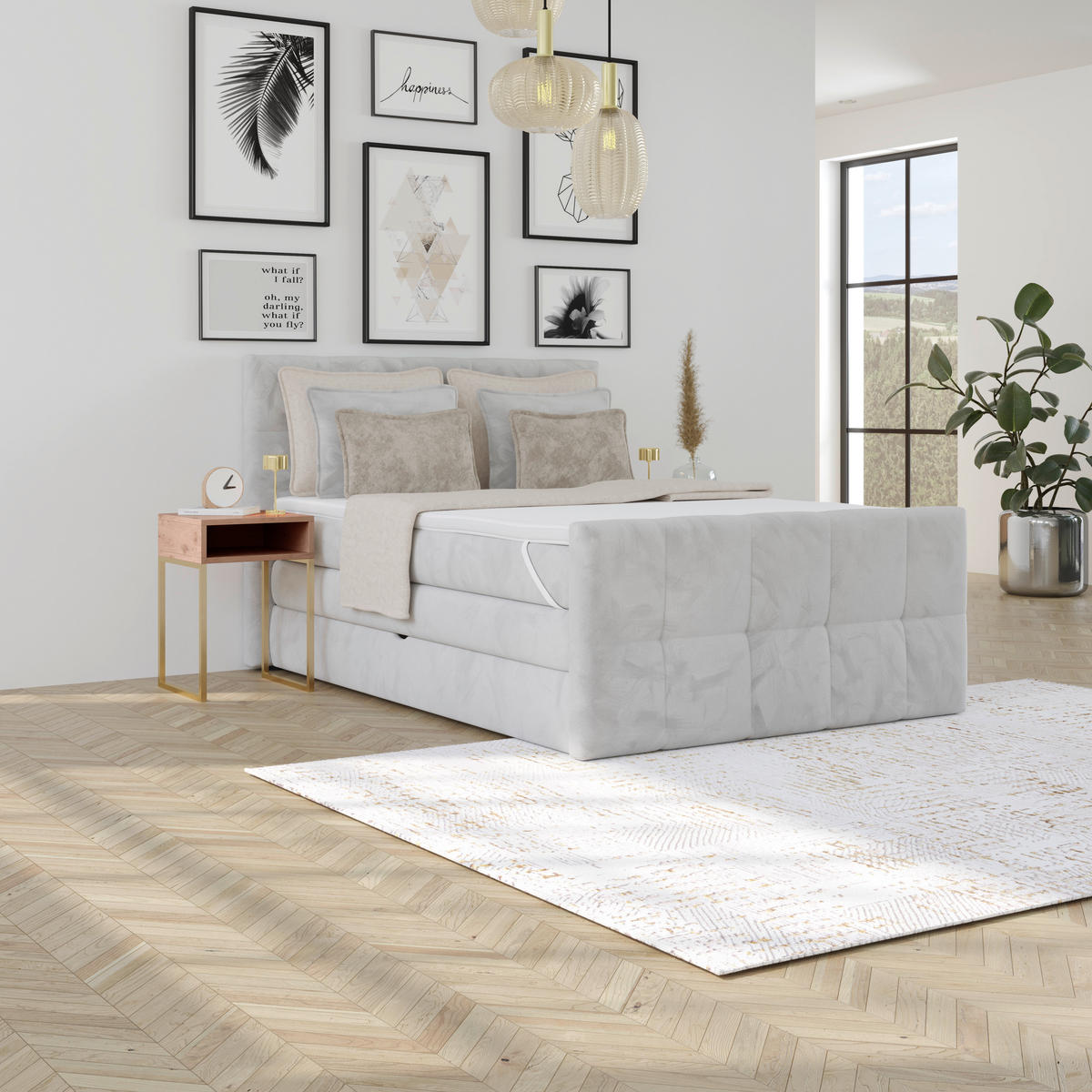 BOXSPRINGBETT 140/200 cm,  in Hellgrau, gepolstertes Kopfteil, Bettkasten, Topper, Matratzen, H4 + H4 = sehr fest  - Hellgrau, KONVENTIONELL, Holz/Holzwerkstoff (140/200cm) - Luca Bessoni