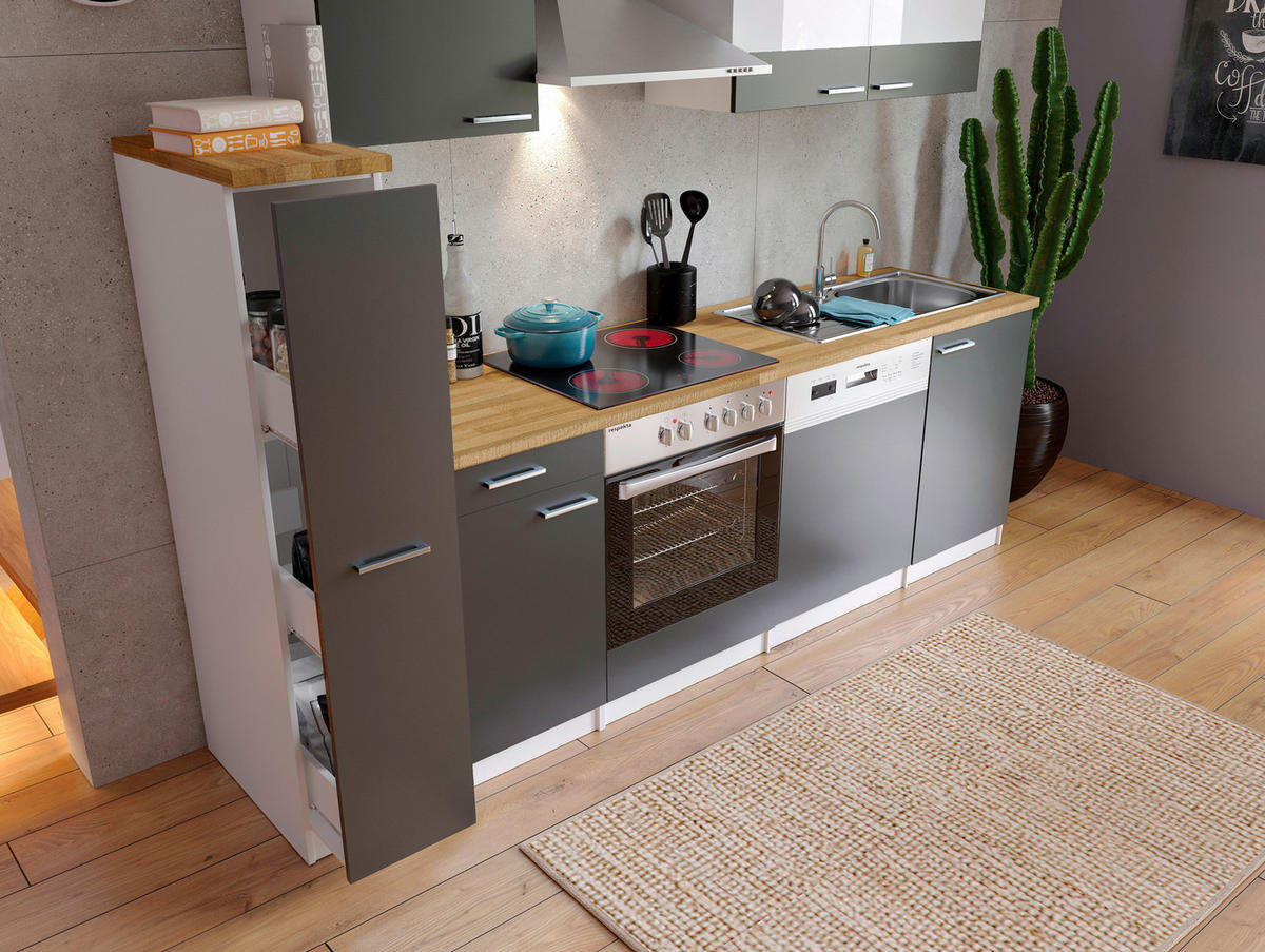 KÜCHENBLOCK 250 cm   in Grau  - Edelstahlfarben/Nussbaumfarben, Basics, Holzwerkstoff/Metall (250cm) - Respekta
