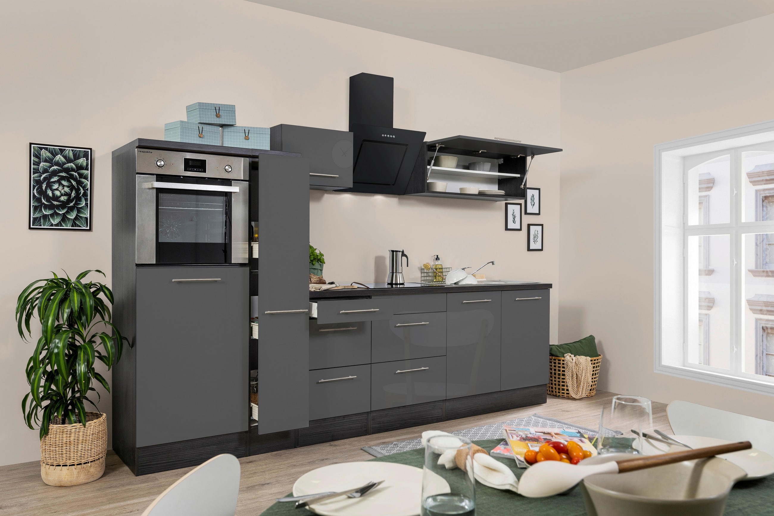 KÜCHENBLOCK 300 cm Grau, Eichefarben E-Geräte, Spüle, Soft-Close-System, Ab- und Überlaufgarnitur, Herdanschlusskabel - Edelstahlfarben/Eichefarben, Basics, Metall (300cm) - Respekta