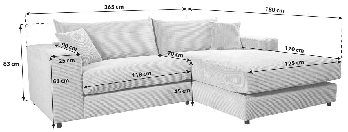 ECKSOFA FUNNY S Dunkelgrau Cord, Velours Zierkissen, Rückenkissen, Hocker  - Dunkelgrau/Schwarz, Basics, Kunststoff/Textil (265/180cm) - Livetastic