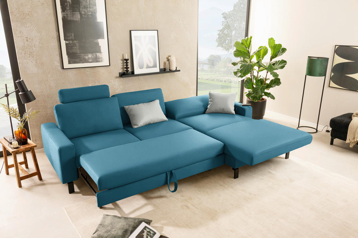 ECKSOFA Cord Petrol  - Petrol/Schwarz, Design, Textil/Metall (298/185cm) - Pure Home Lifestyle