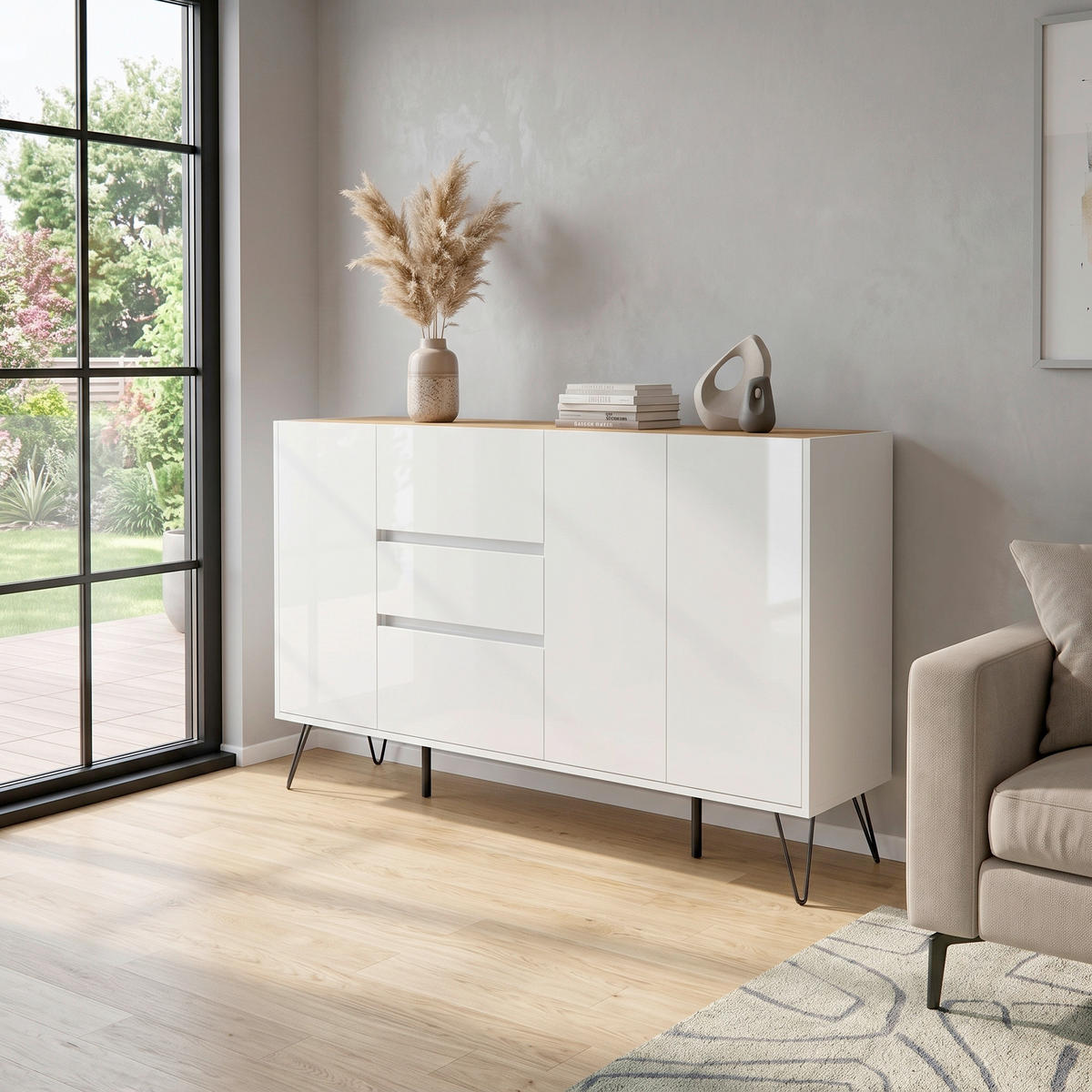 SIDEBOARD Posseik Industrial 177/93,6/42 cm 3 Schublade(n)  - Weiß Hochglanz/Eichefarben, Design, Holzwerkstoff/Metall (177/93,6/42cm) - MID.YOU