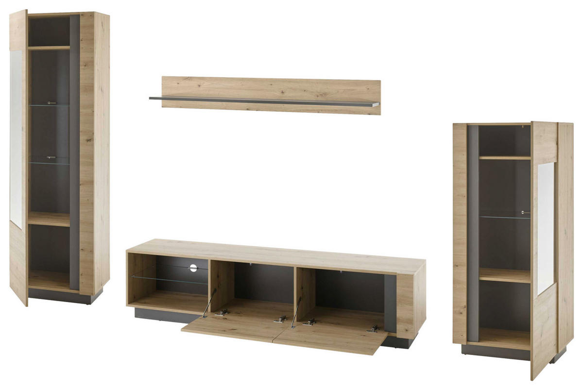 WOHNWAND 4-teilig  in Grau, Eiche Artisan  340/194/40 cm  - Eiche Artisan/Grau, Design, Glas/Holzwerkstoff (340/194/40cm) - MID.YOU