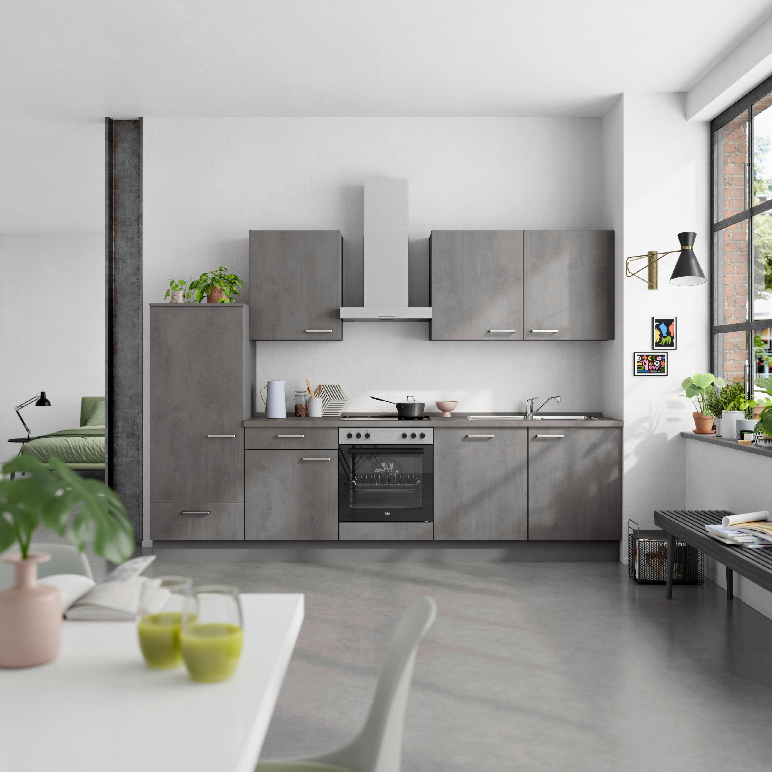 KÜCHENBLOCK Riva 300 cm  in Schieferfarben  - Schieferfarben/Edelstahlfarben, MODERN, Holzwerkstoff/Metall (300cm) - Nobilia