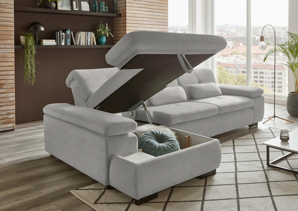 ECKSOFA in Flachgewebe Grau, Hellgrün  - Schwarz/Hellgrün, Design, Textil/Metall (174/297cm) - Beldomo Style