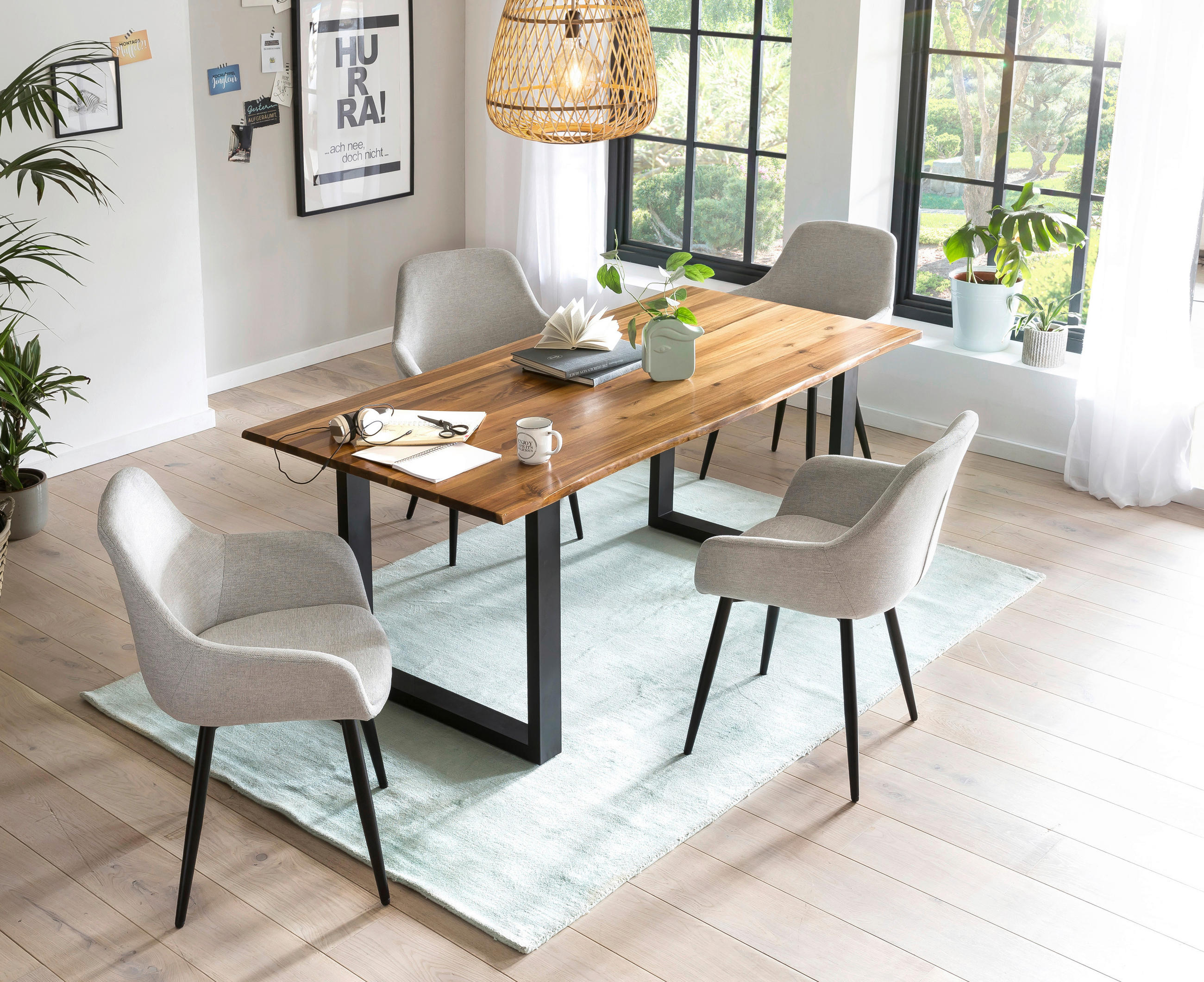 TISCHGRUPPE in Holz, Metall, Textil Hellgrau, Cognac  - Cognac/Hellgrau, MODERN, Holz/Textil (160/85/77cm) - Livetastic