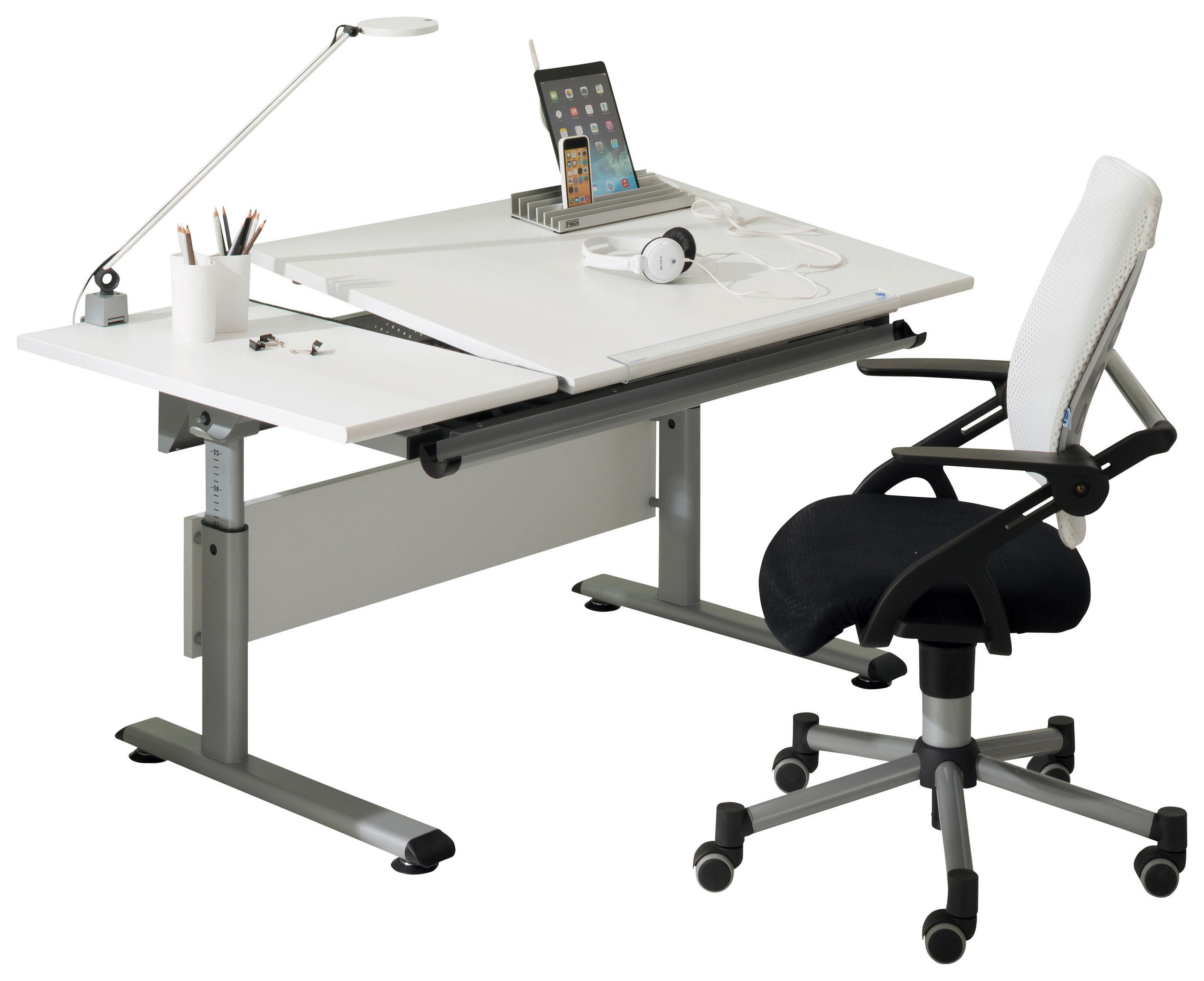 IFJÚSÁGI ÍRÓASZTAL  - ezüstszínű/fehér, Design, faalapú anyag/fém (130/70/53-79cm) - Paidi