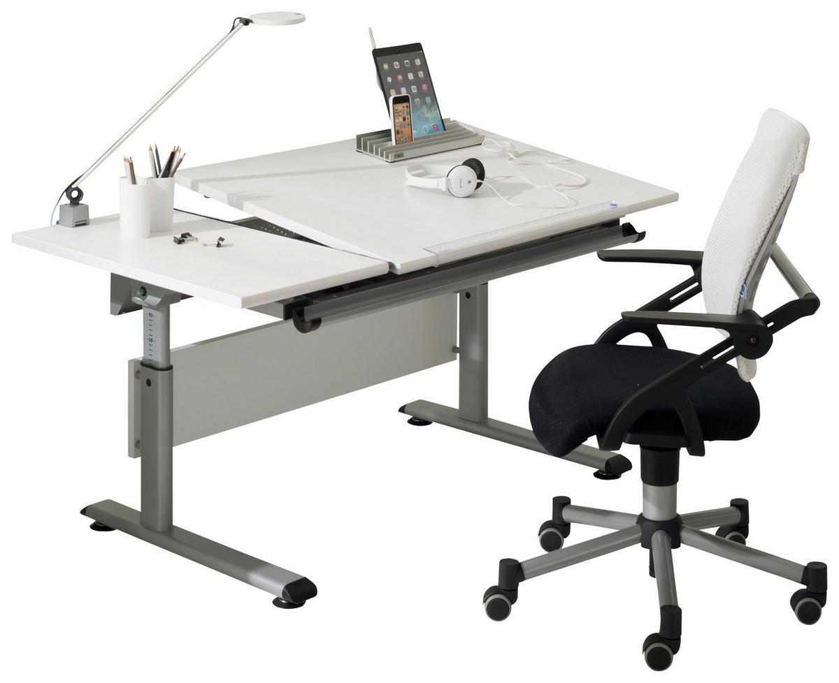 IFJÚSÁGI ÍRÓASZTAL  - ezüstszínű/fehér, Design, faalapú anyag/fém (130/70/53-79cm) - Paidi