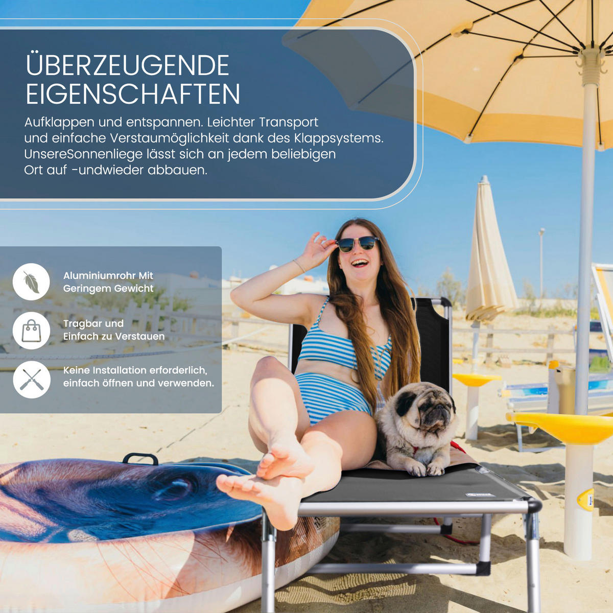 STRANDLIEGE 190/73/62 cm  - Silberfarben/Schwarz, Basics, Textil/Metall (190/73/62cm) - Modante