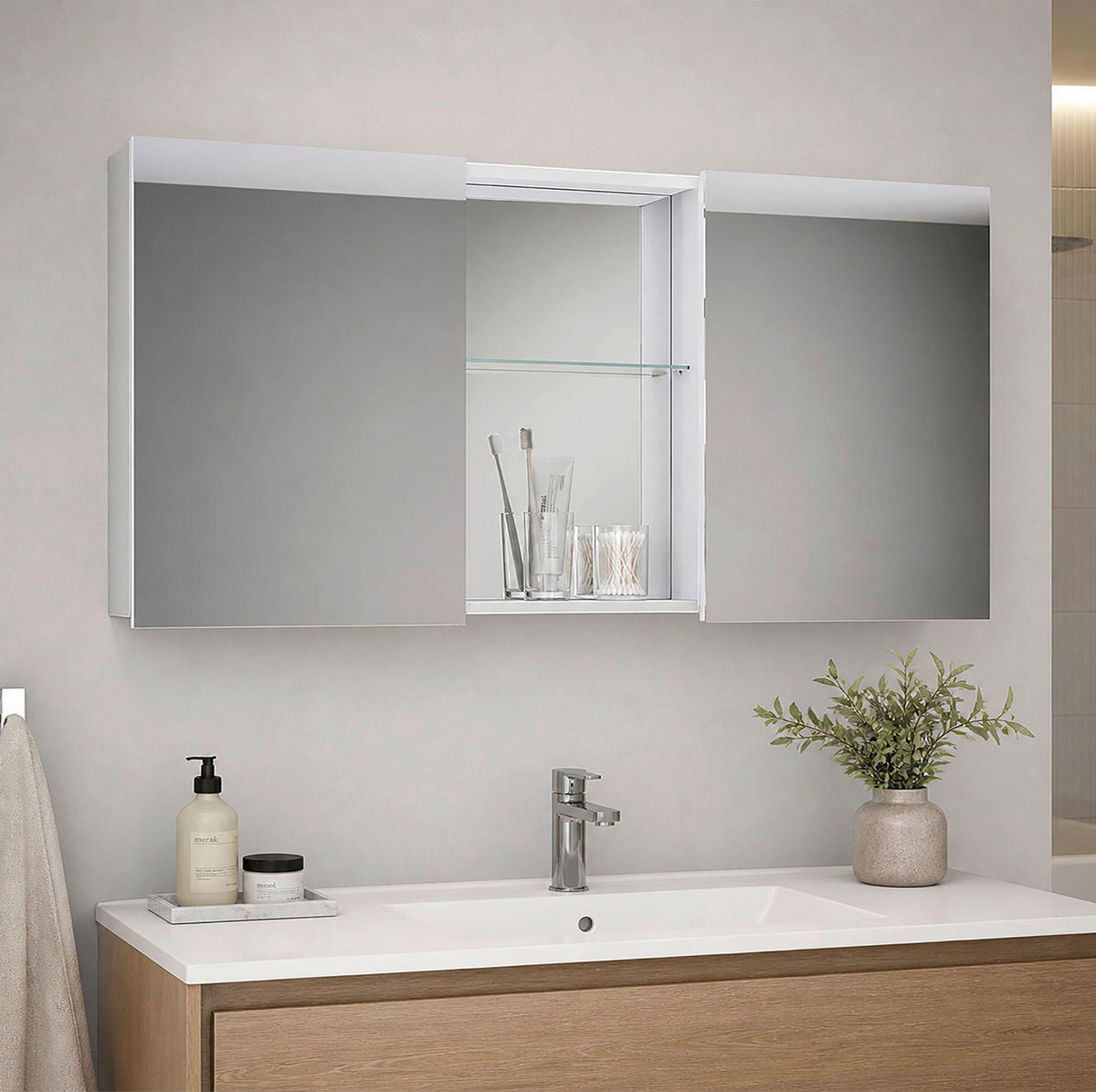 SPEGELSKÅP  - honungsek, Modern, trämaterial (112/59/12cm) - MID.YOU