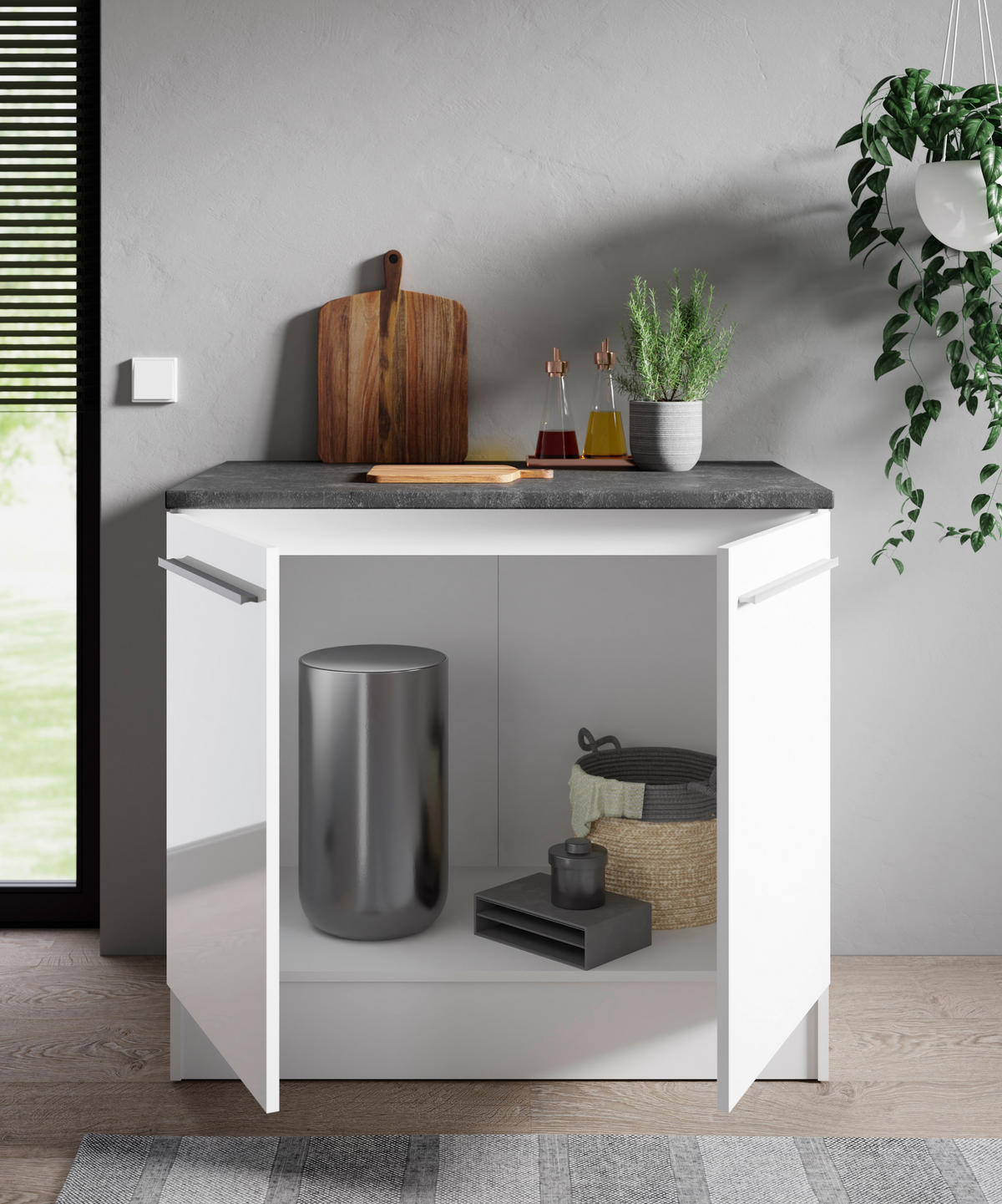 SPÜLENUNTERSCHRANK 100/90/60 cm  in Weiß, Weiß Hochglanz  - Weiß Hochglanz/Silberfarben, Design, Holzwerkstoff/Kunststoff (100/90/60cm) - MID.YOU