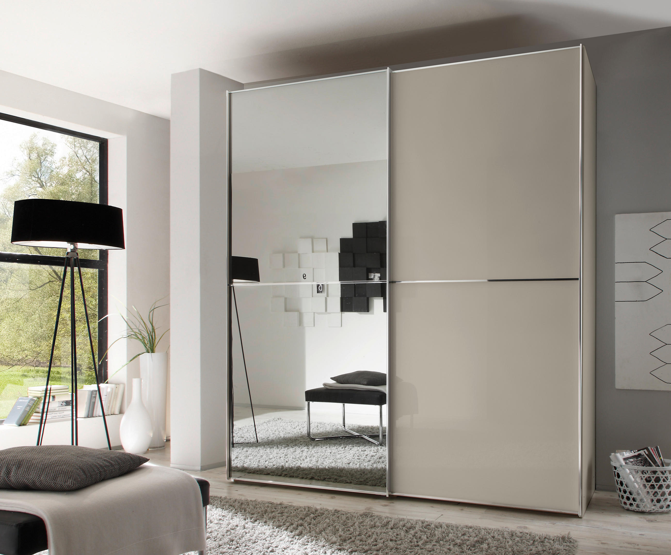 SCHWEBETÜRENSCHRANK 2-türig Sandfarben  - Sandfarben/Chromfarben, Design, Glas/Holzwerkstoff (225/225/68cm) - Moderano