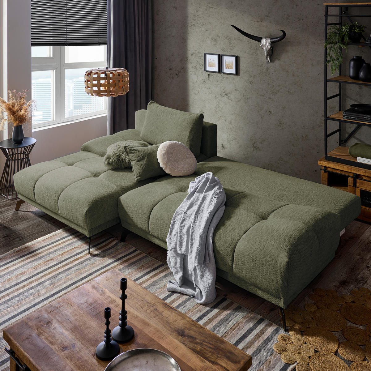 ECKSOFA in Chenille Olivgrün  - Schwarz/Olivgrün, Modern, Textil/Metall (182/290cm) - Hom`in